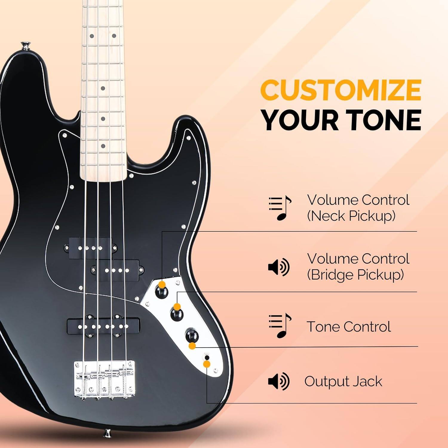 CUSTOMIZE YOUR TONE

- Volume Control (Neck Pickup)
- Volume Control (Bridge Pickup)
- Tone Control
- Output Jack