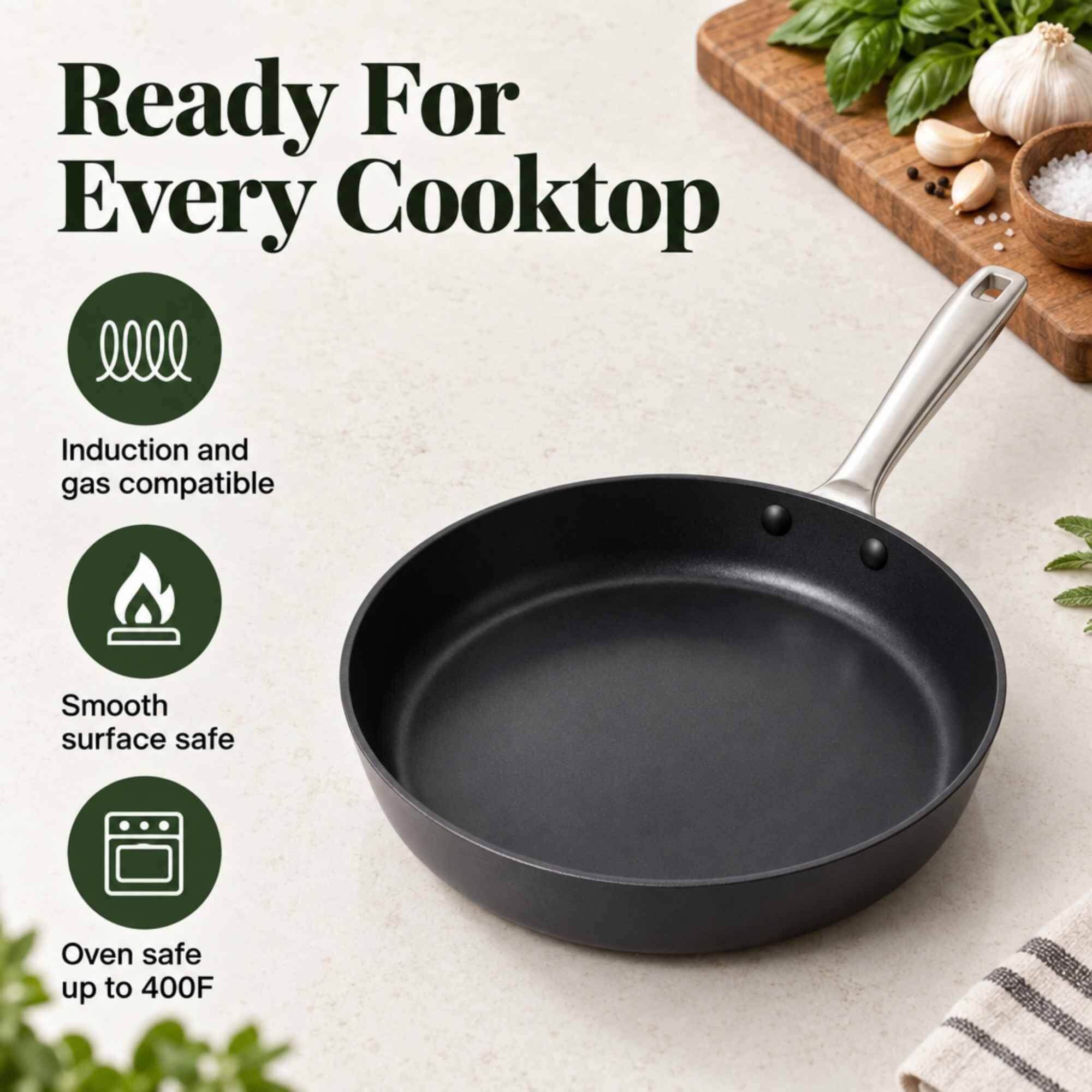 Ready For Every Cooktop

- Induction and gas compatible
- Smooth surface safe
- Oven safe up to 400F