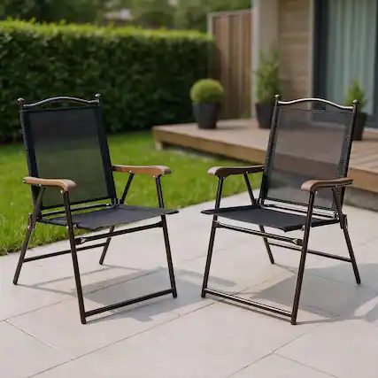 Front. Kadyn - Set of 2 Patio Folding Sling Back Camping Deck Chairs, Outdoor Dining Chair for Outside Patio-Black - Black.