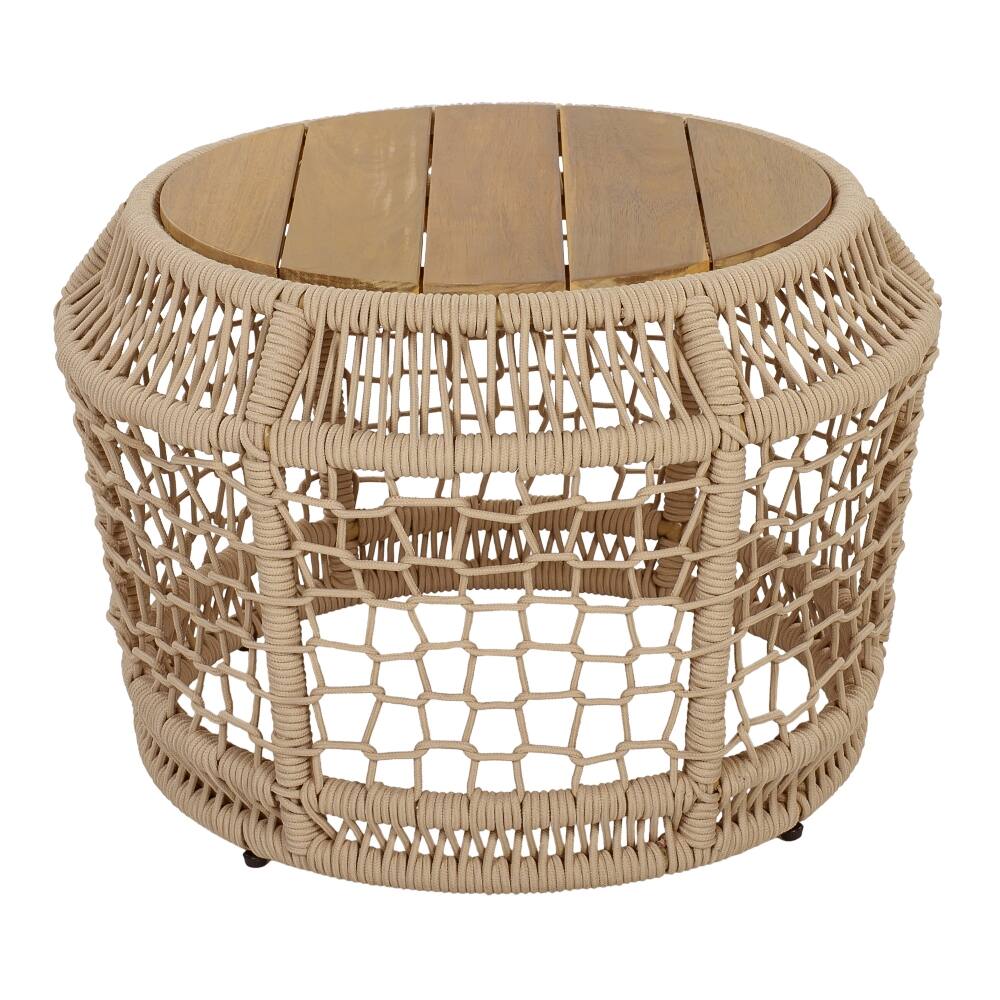 Back. Loheer - Loheer Round Acacia Wood Side Table Woven Rope Outdoor Accent Table Teak Finish - Light Beige.