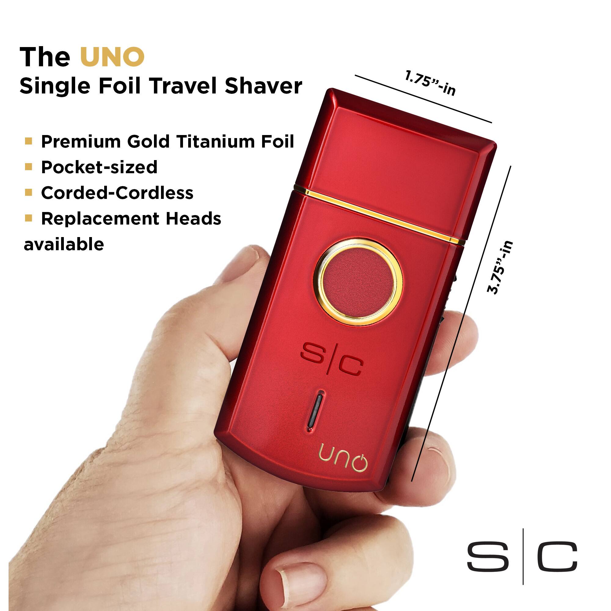 The UNO Single Foil Travel Shaver 1.75"-in Premium Gold Titanium Foil Pocket-sized Corded-Cordless Replacement Heads available 3.75"-in uno S C