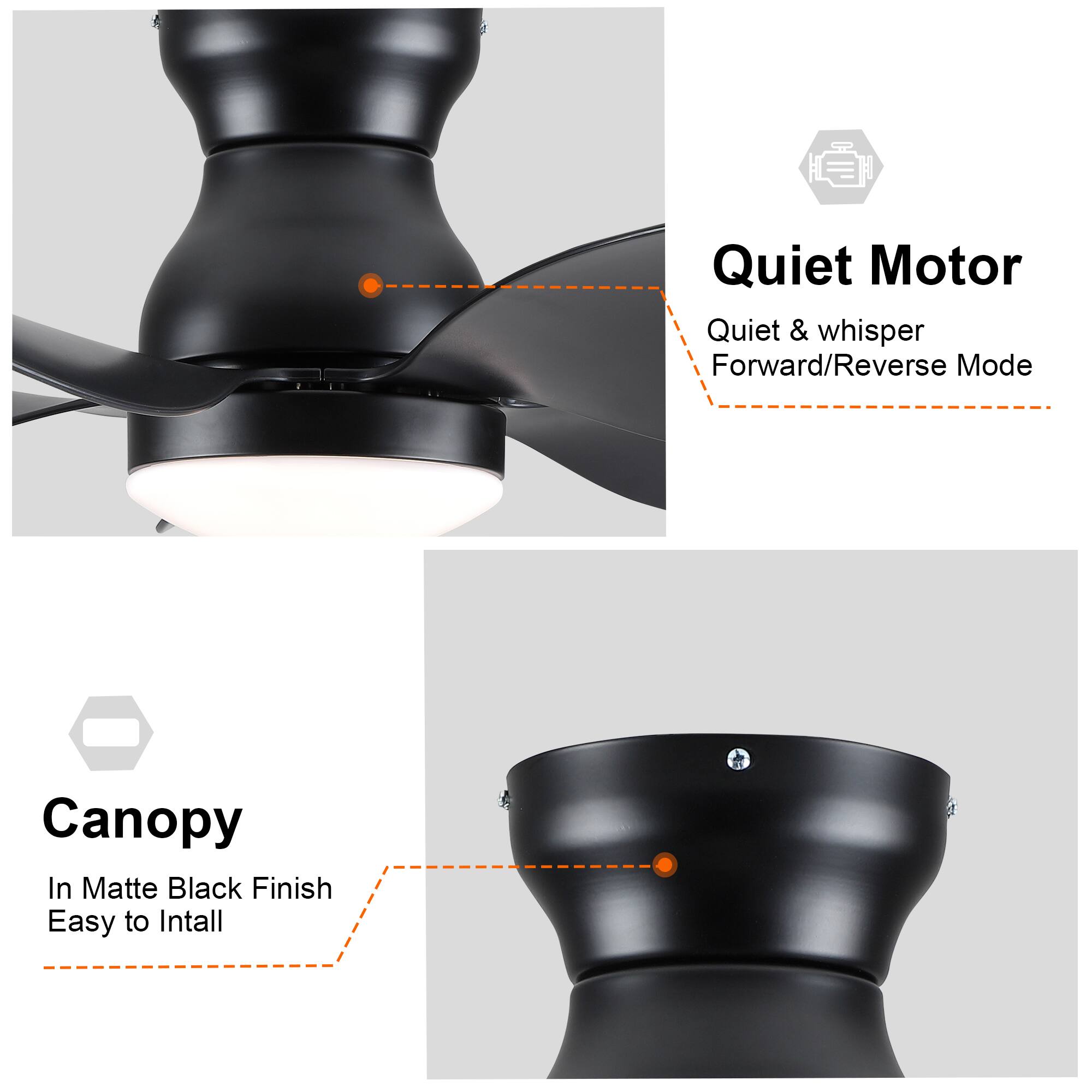 Quiet Motor  
Quiet & whisper  
Forward/Reverse Mode  

Canopy  
In Matte Black Finish  
Easy to Install