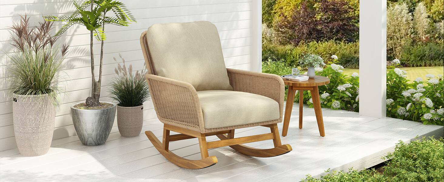 Back. Tiramisubest - Minimalist Wicker Rocking Chair with Polyester Cushions and Wooden Frame for Indoor and Outdoor Spaces,Beige - Beige.