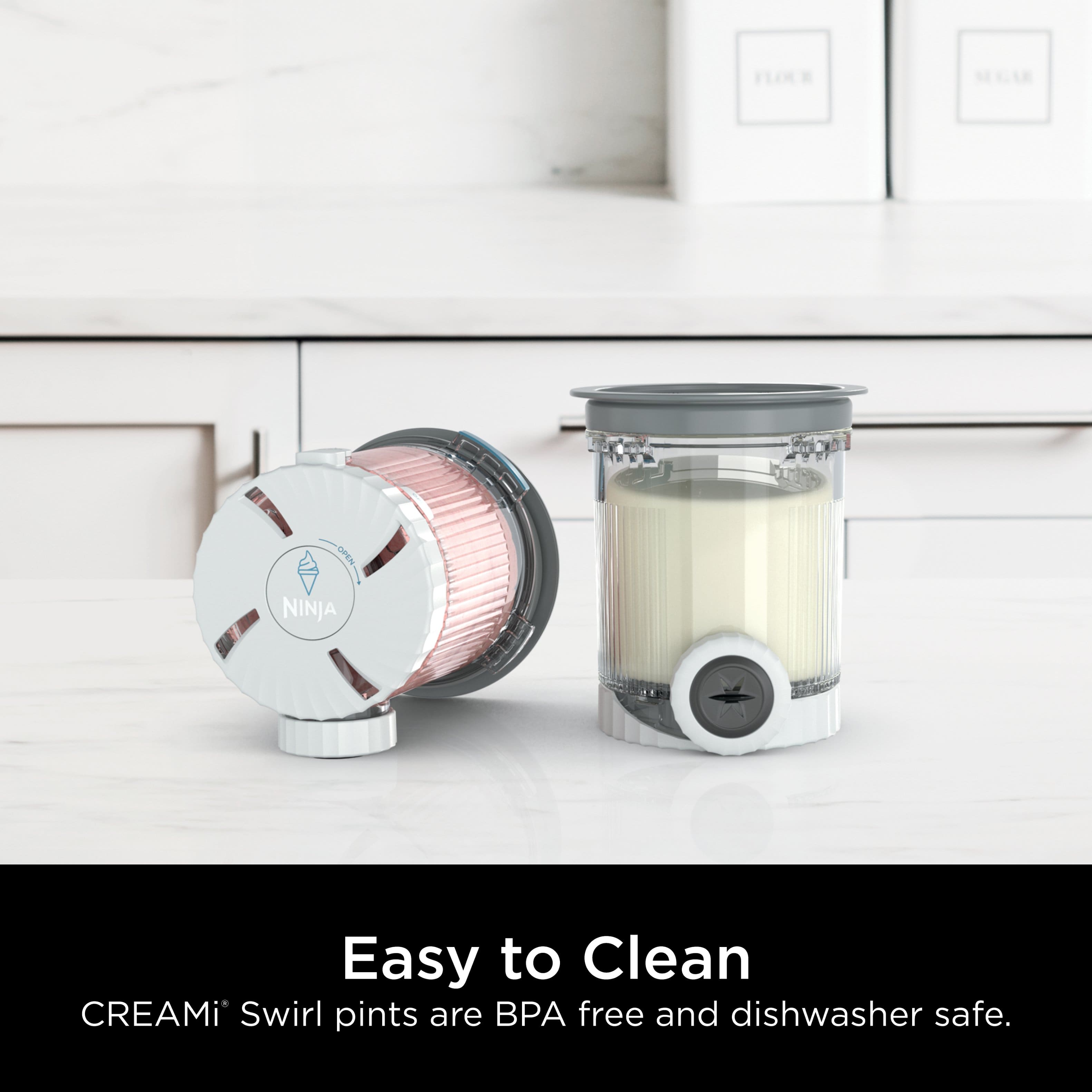 NINJA Easy to Clean CREAMi Swirl pints are BPA free and dishwasher safe.