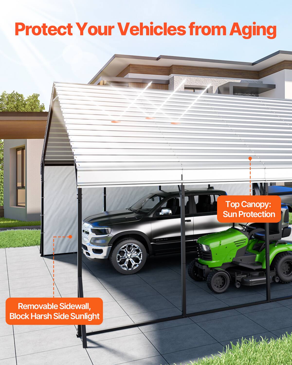 Protect Your Vehicles from Aging

Top Canopy: Sun Protection

Removable Sidewall, Block Harsh Side Sunlight