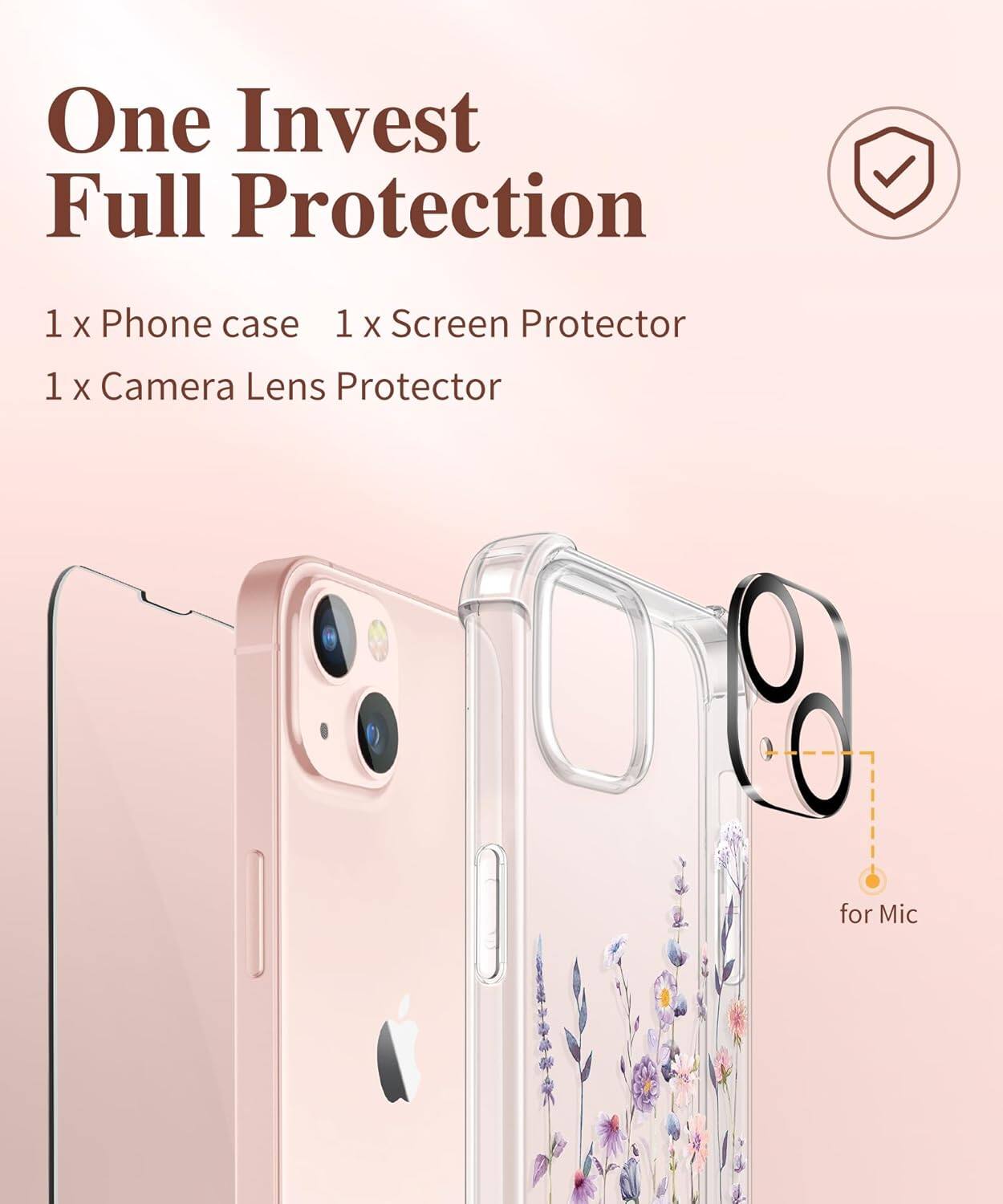 One Invest Full Protection

1 x Phone case  
1 x Screen Protector  
1 x Camera Lens Protector  

for Mic