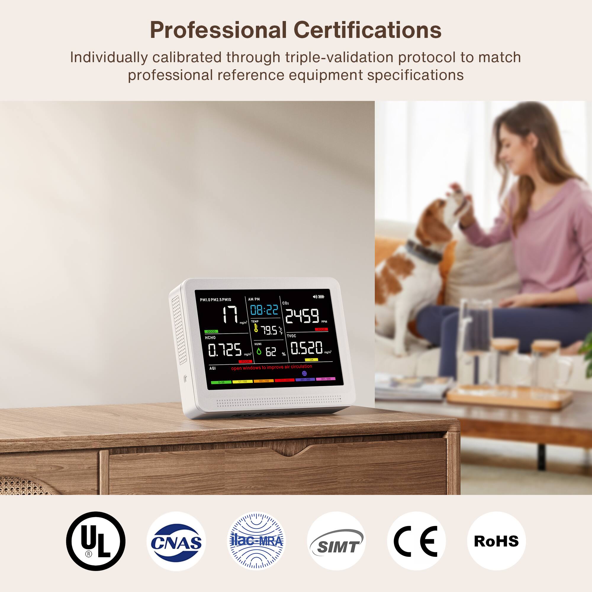 Professional Certifications  
Individually calibrated through triple-validation protocol to match professional reference equipment specifications

4 - PMLDPM2.5PMID Ad vg CD: 17 08:22 Sugar TXP 2459 Fair 79.5 HT   NCHO TVDC DOT 0.725 mgel  62 % 0,520  BOOK s ADI windows to improve air circulation open  
20  
SUN  
2-19  
SI-30  

UL, CNAS, SIMT, CE, RoHS
