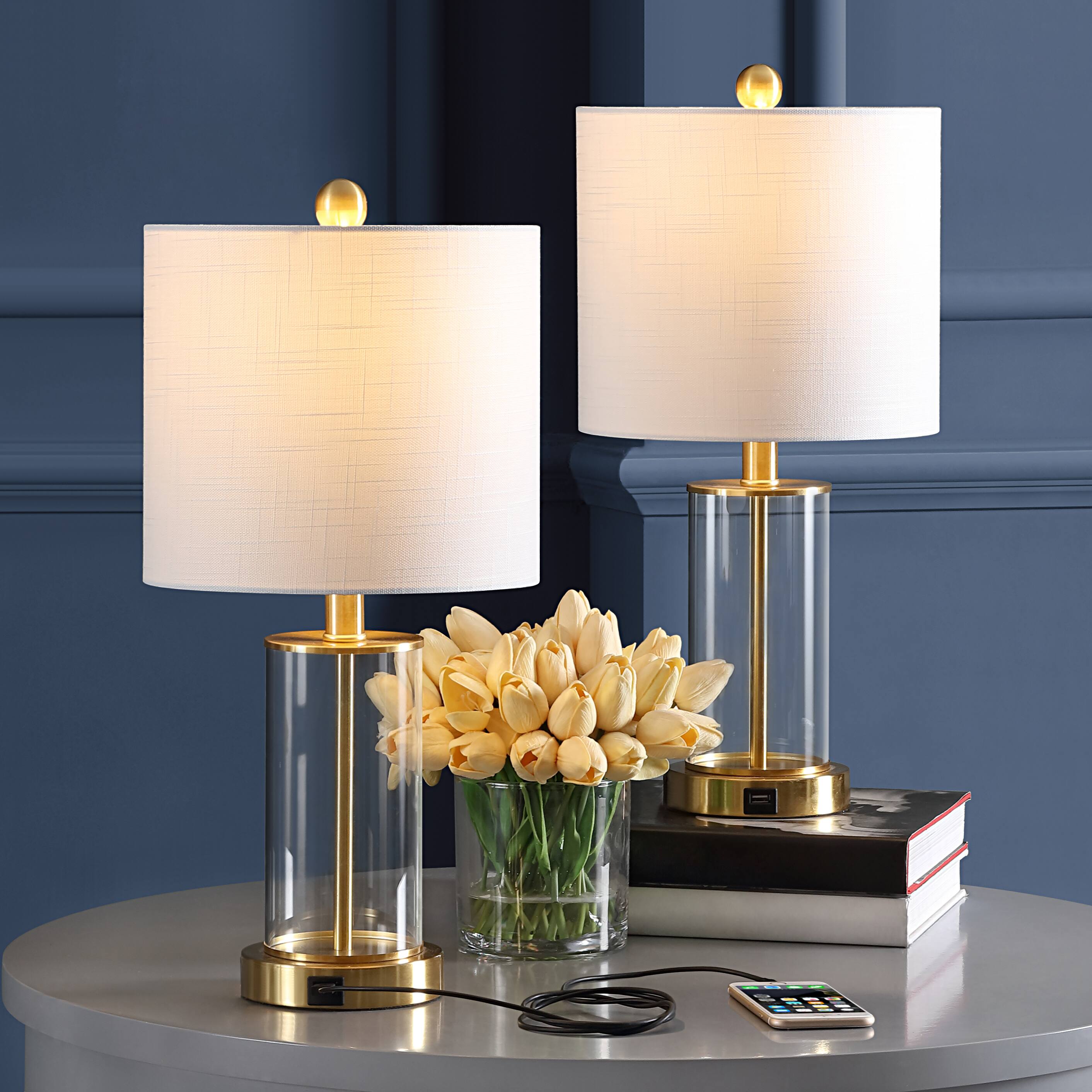 Alt View 1. Jonathan Y - Abner 21" Glass Modern Contemporary USB Charging LED Table Lamp, Brass Gold (Set of 2) - Brass Gold/Clear.