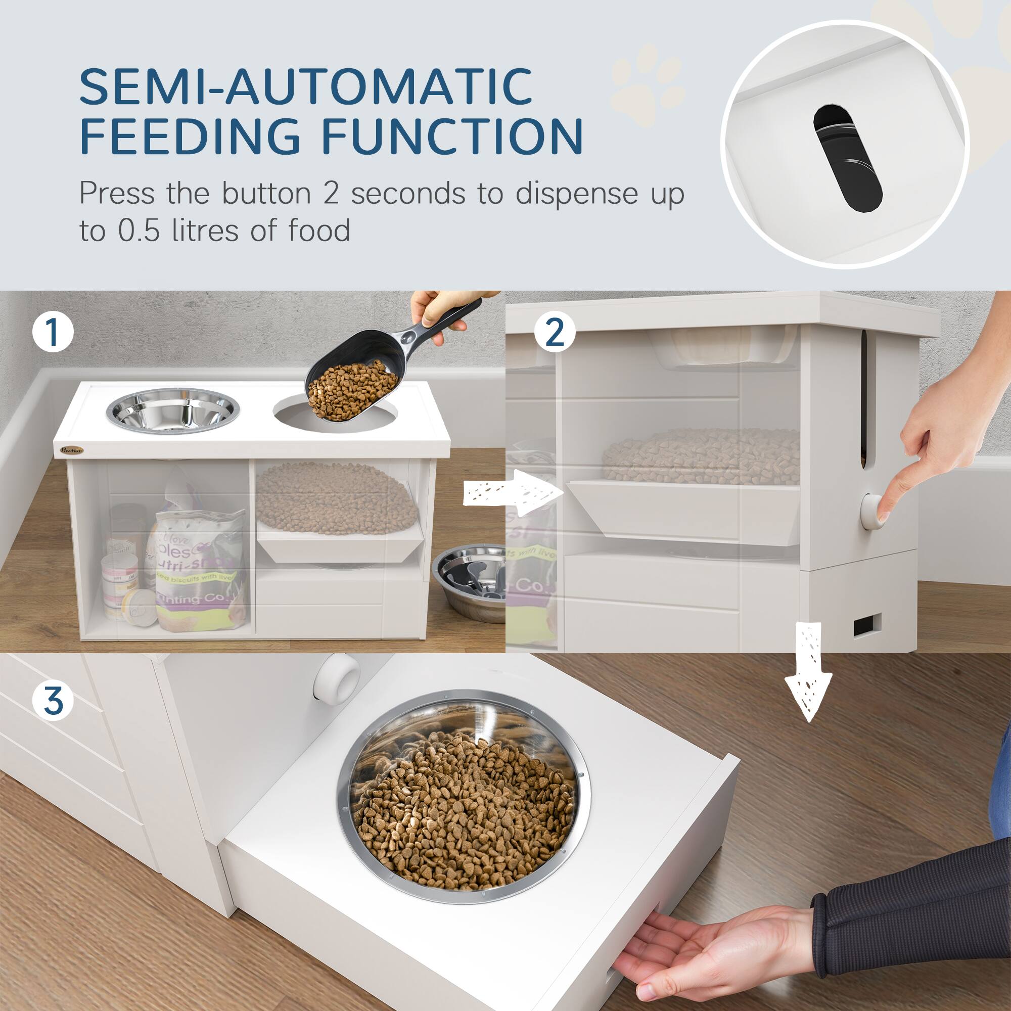 SEMI-AUTOMATIC FEEDING FUNCTION

Press the button 2 seconds to dispense up to 0.5 litres of food

1. Fill the food bowl with kibble.
2. Open the cabinet door to access the food storage.
3. Press the button to dispense food into the bowl.