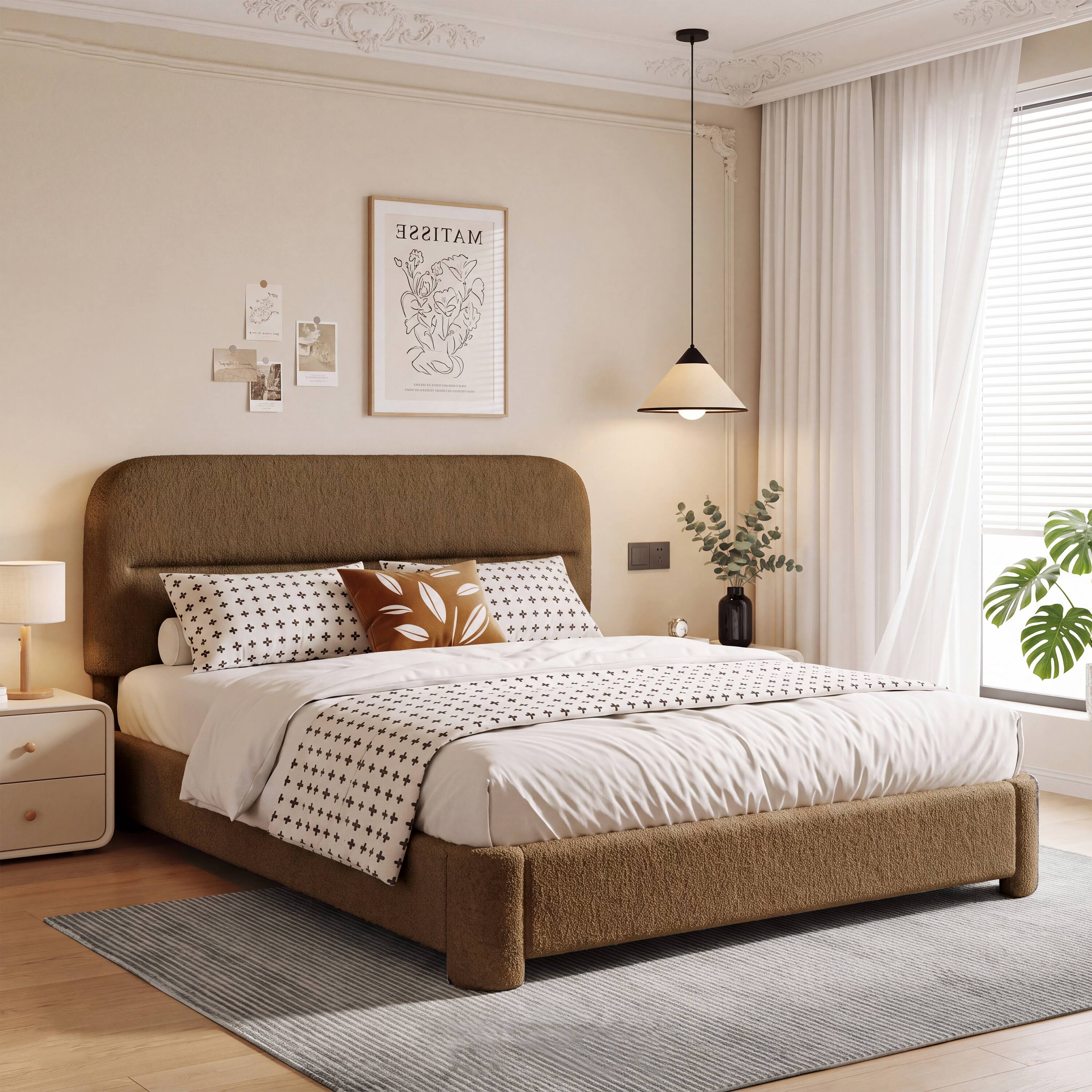 Angle. Vipbear - F/Q/K Upholstered Platform Bed Frame | Height Adjustable Headboard, No Box Spring Needed, Works with 8–14" Mattresses - Coffee.
