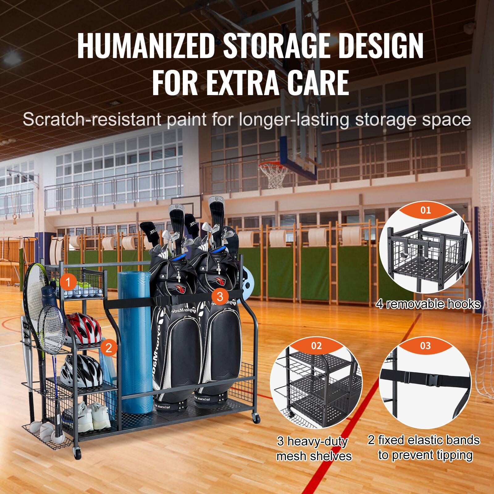 HUMANIZED STORAGE DESIGN FOR EXTRA CARE
Scratch-resistant paint for longer-lasting storage space
1. 4 removable hooks
2. 2 fixed elastic bands to prevent tipping
3. 3 heavy-duty mesh shelves