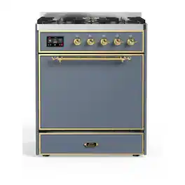 ILVE - Majestic II Series 30 in. Dual Fuel Range with 5 Sealed Burners (Natural Gas, Brass Trim) - Blue Grey