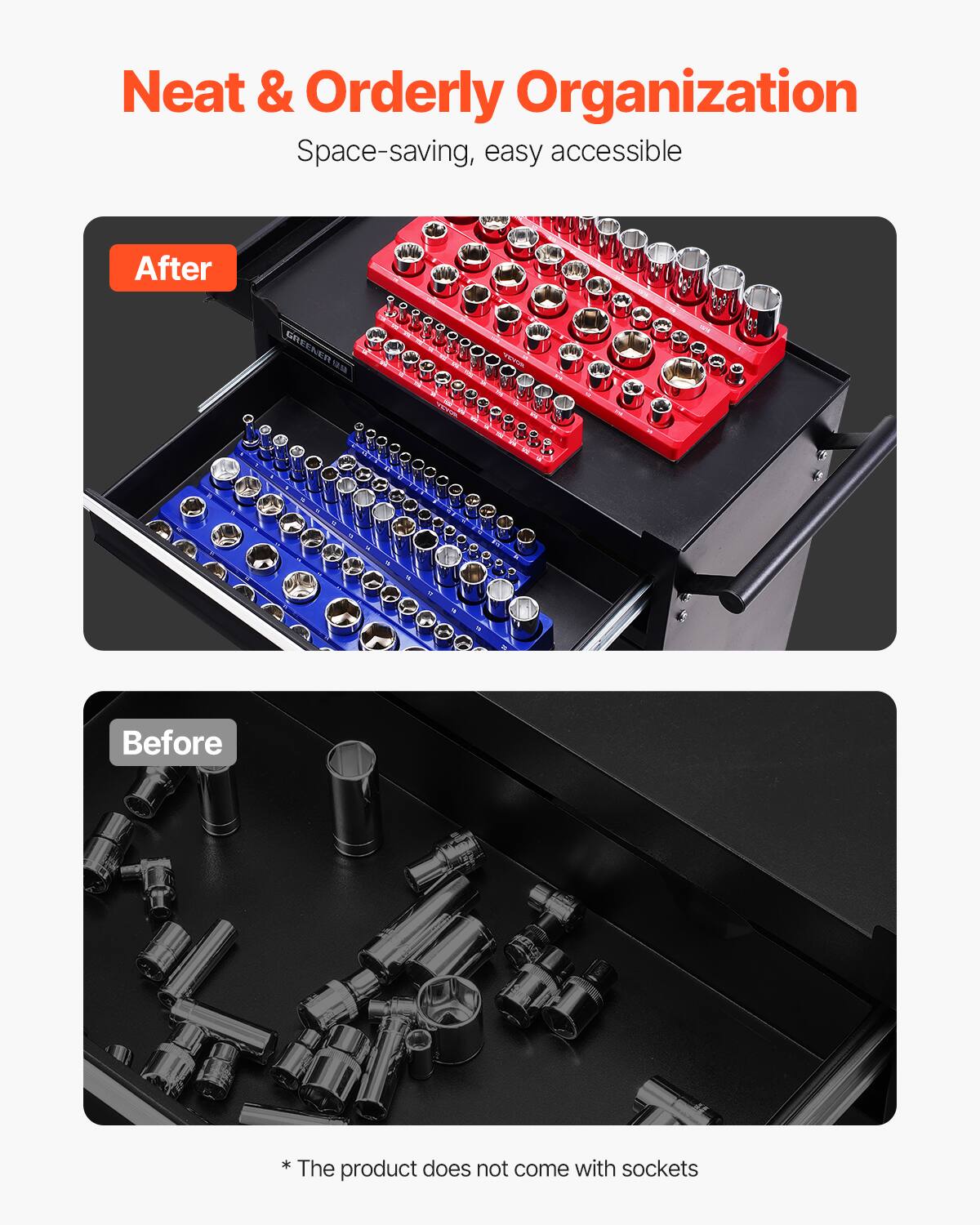 Neat & Orderly Organization  
Space-saving, easy accessible  

After  

Before  

*The product does not come with sockets