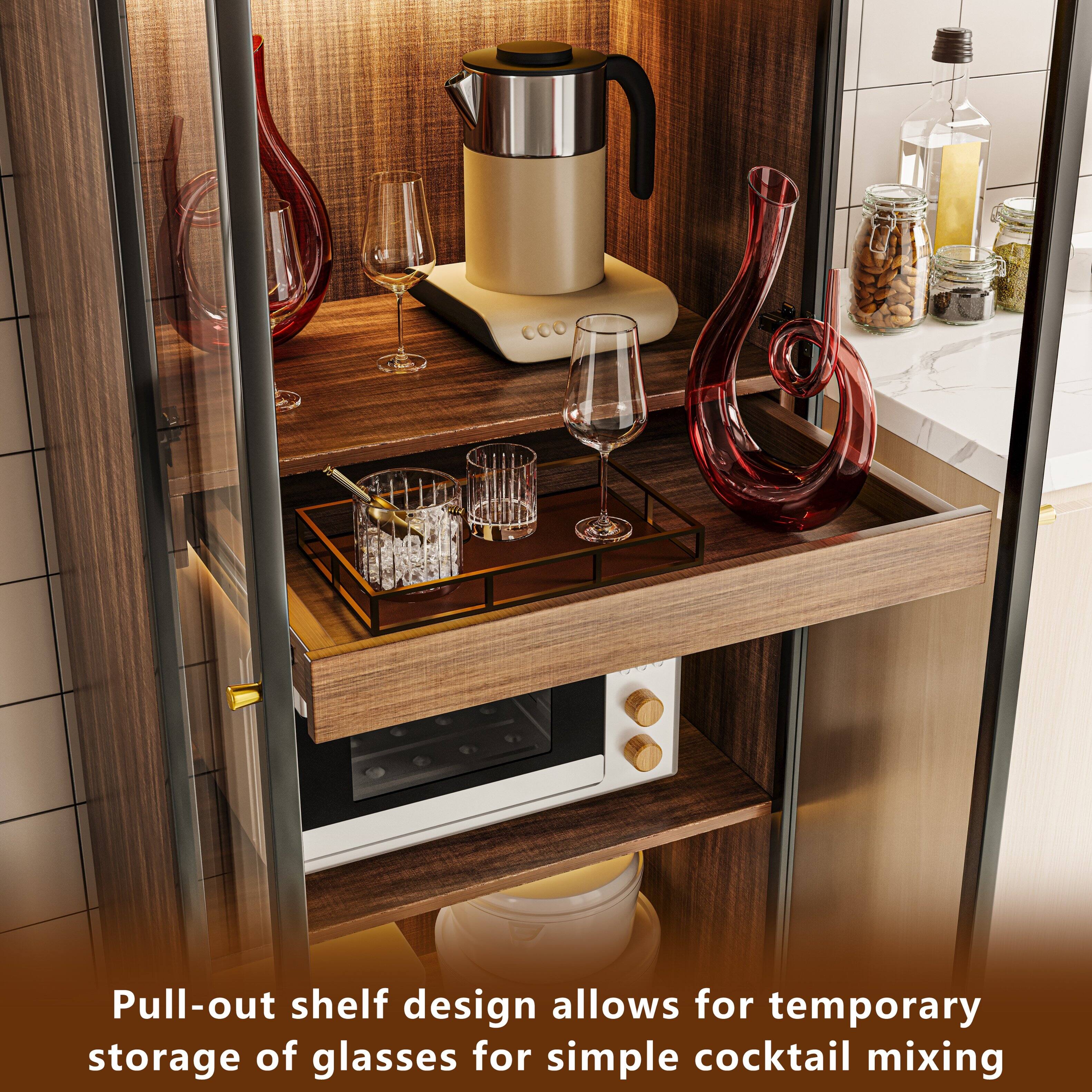 Pull-out shelf design allows for temporary storage of glasses for simple cocktail mixing