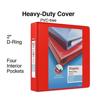 Heavy-Duty Cover  
PVC-free  

2" D-Ring  

Four Interior Pockets  

Staples  
Heavy Duty Binder  
Reinforced rings open easily  
1" Rings  
250 Sheets Capacity