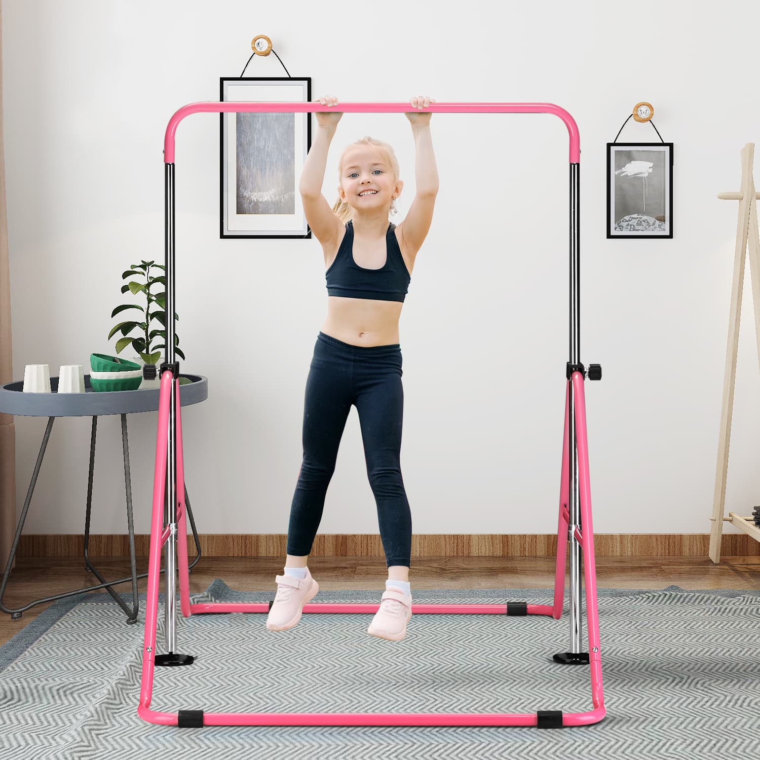 Ainfox - Gymnastics Bar Gymnastic Equipment Adjustable Height Gymnastic Training Bar for 3-7 Years Old - Pink