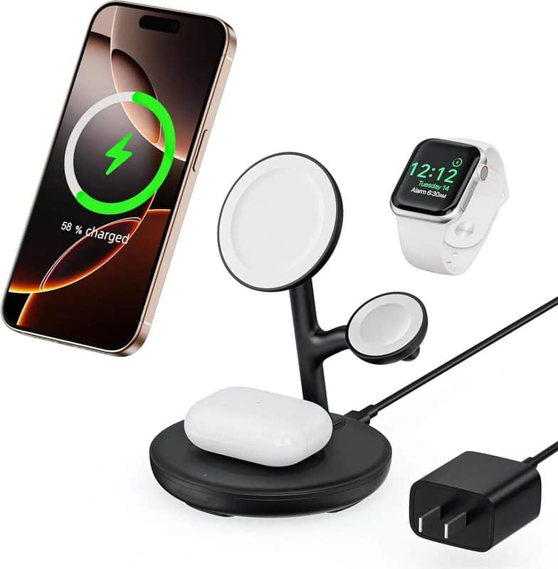 RISOKEYS - 3-in-1 Wireless Charger - Magnetic Phone Stand for Apple 16, 14, Watch, and Bluetooth Earbuds - Black & White