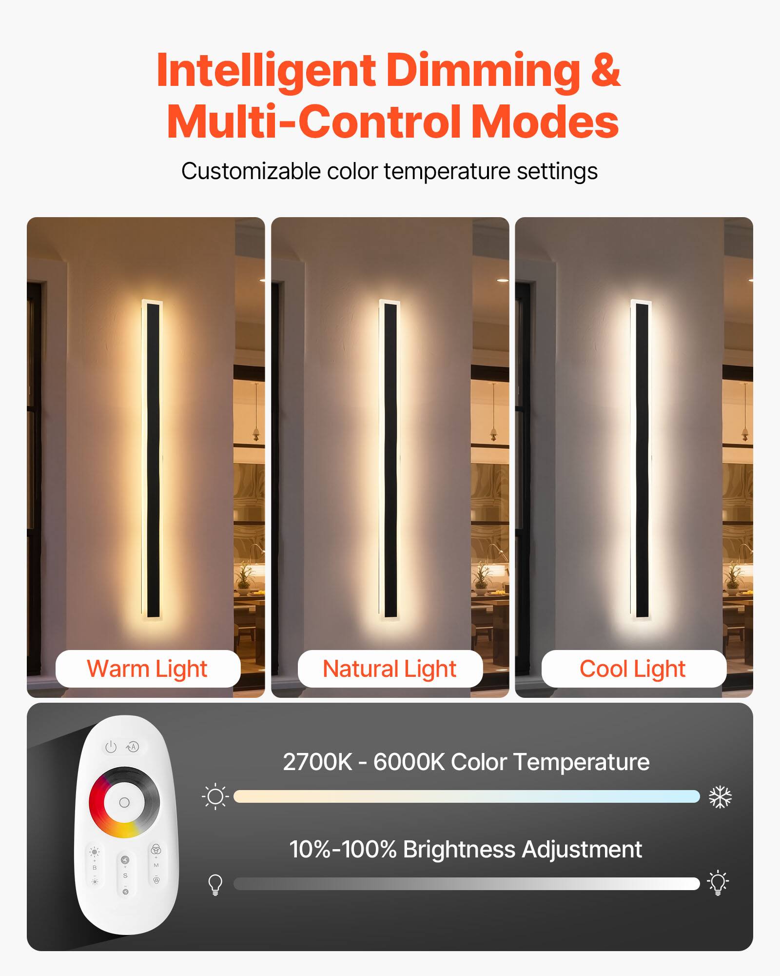 Intelligent Dimming & Multi-Control Modes  
Customizable color temperature settings  

Warm Light  
Natural Light  
Cool Light  

2700K - 6000K Color Temperature  
10%-100% Brightness Adjustment