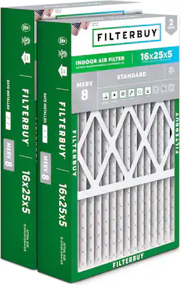 Filterbuy - 16x25x5 MERV 8 Dust & Allergy Defense, Pleated HVAC AC Furnace Air Filters Replacement for Honeywell & Lennox (2-Pack) - Silver