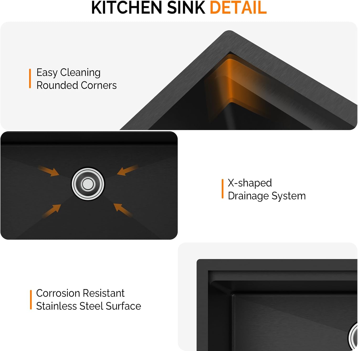 KITCHEN SINK DETAIL

- Easy Cleaning Rounded Corners
- X-shaped Drainage System
- Corrosion Resistant Stainless Steel Surface