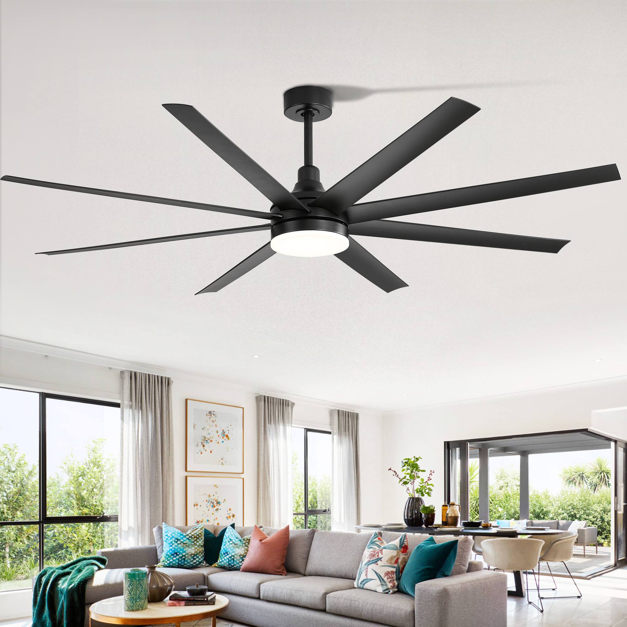 Alt View 1. Breezary - 72" Large Indoor Ceiling Fan with Remote, 8 ABS Blades, 6-Speed DC Motor, Timer, 7''/12''Downrods, Light/No Light Option - Black (With Light).