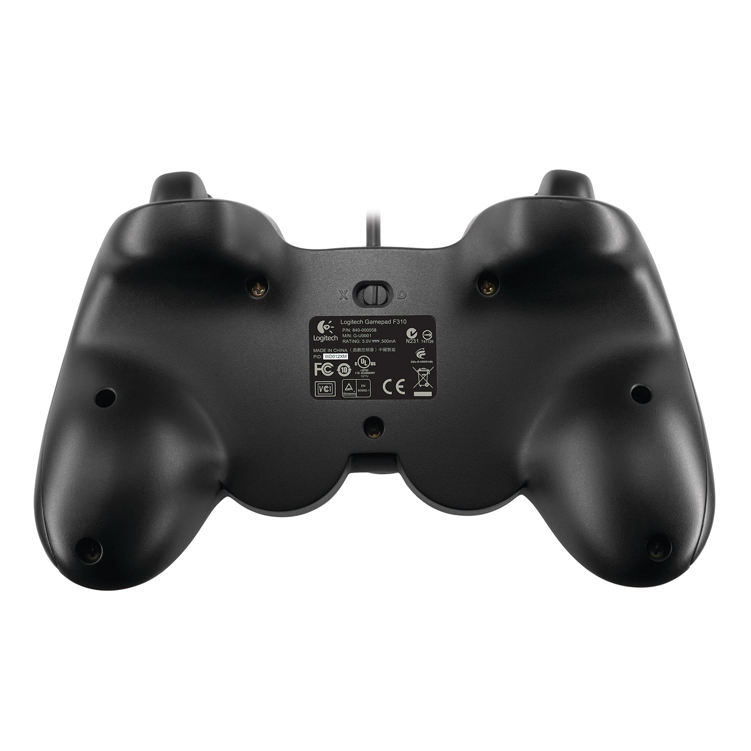 Logitech F918 is a black game controller with a white sticker on the back. The sticker contains information about the controller, such as the model number and the manufacturer. The controller is designed for use with the PlayStation 3 gaming console.