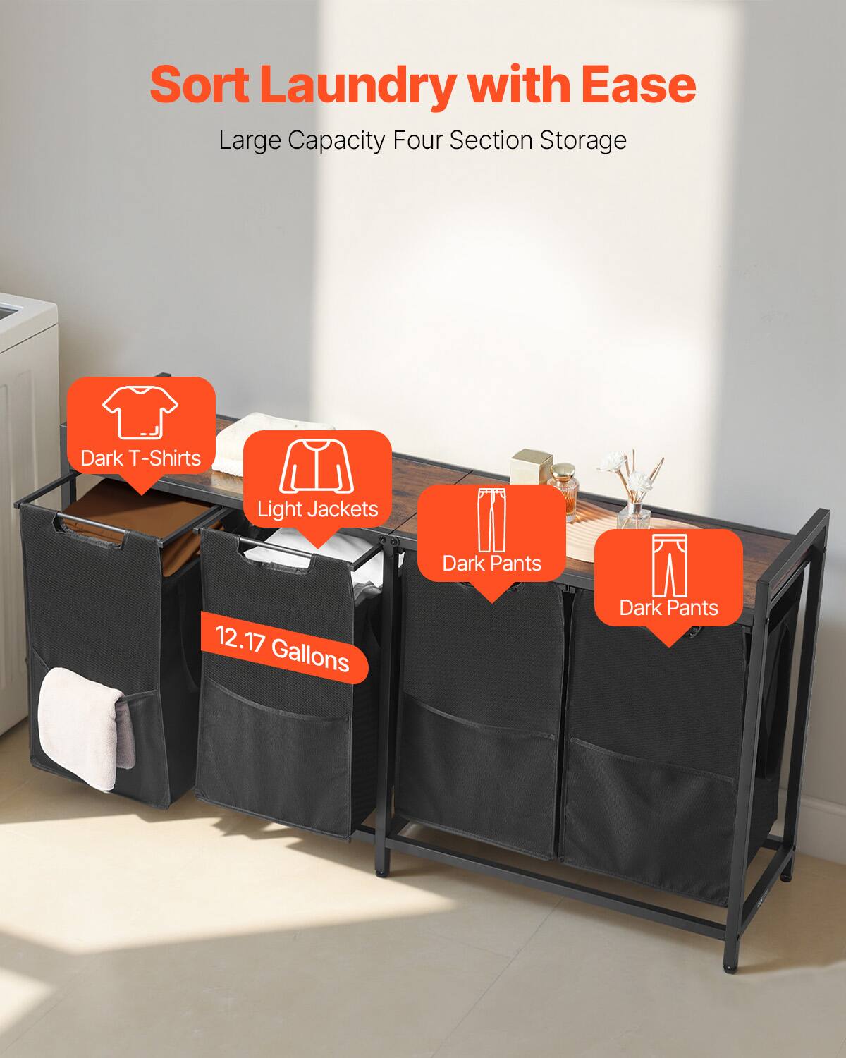 Sort Laundry with Ease  
Large Capacity Four Section Storage  
Dark T-Shirts  
Light Jackets  
Dark Pants  
12.17 Gallons  
Dark Pants