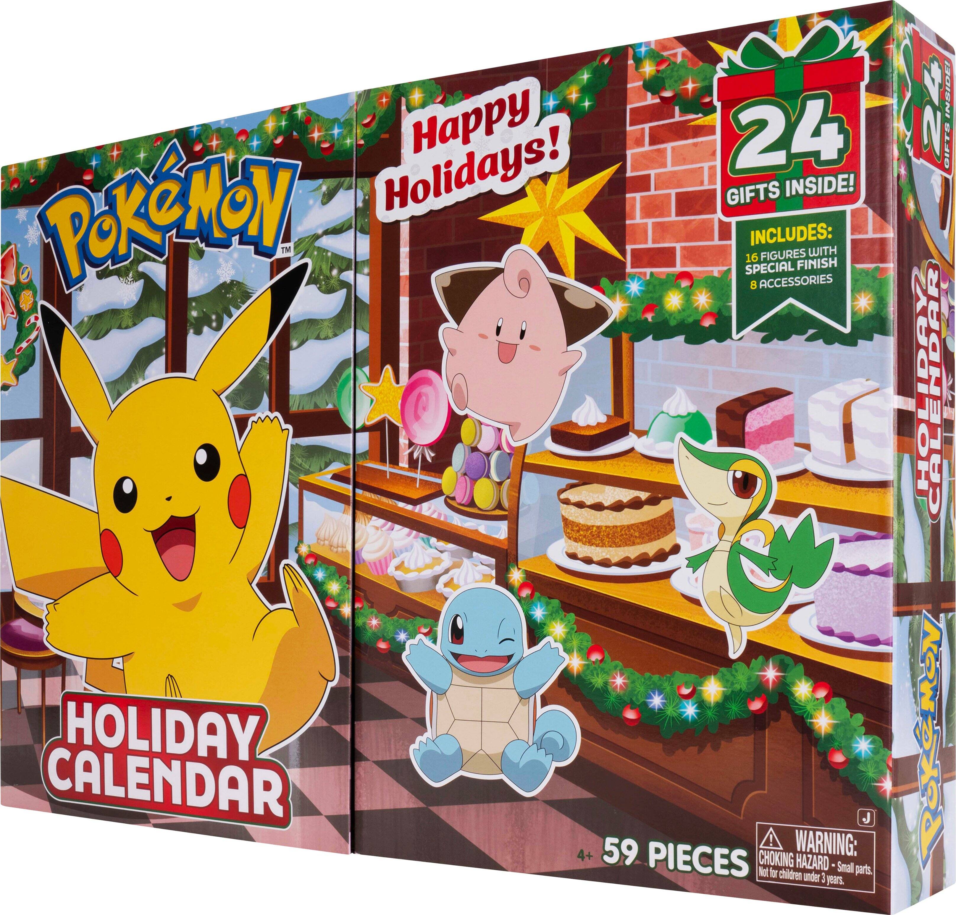 Happy Holidays!  
24 Gifts Inside!  
Includes:  
16 Figures with Special Finish  
8 Accessories  
Holiday Calendar  
59 Pieces  
Warning: Choking Hazard - Small parts. Not for children under 3 years.  
Pokémon Holiday Calendar