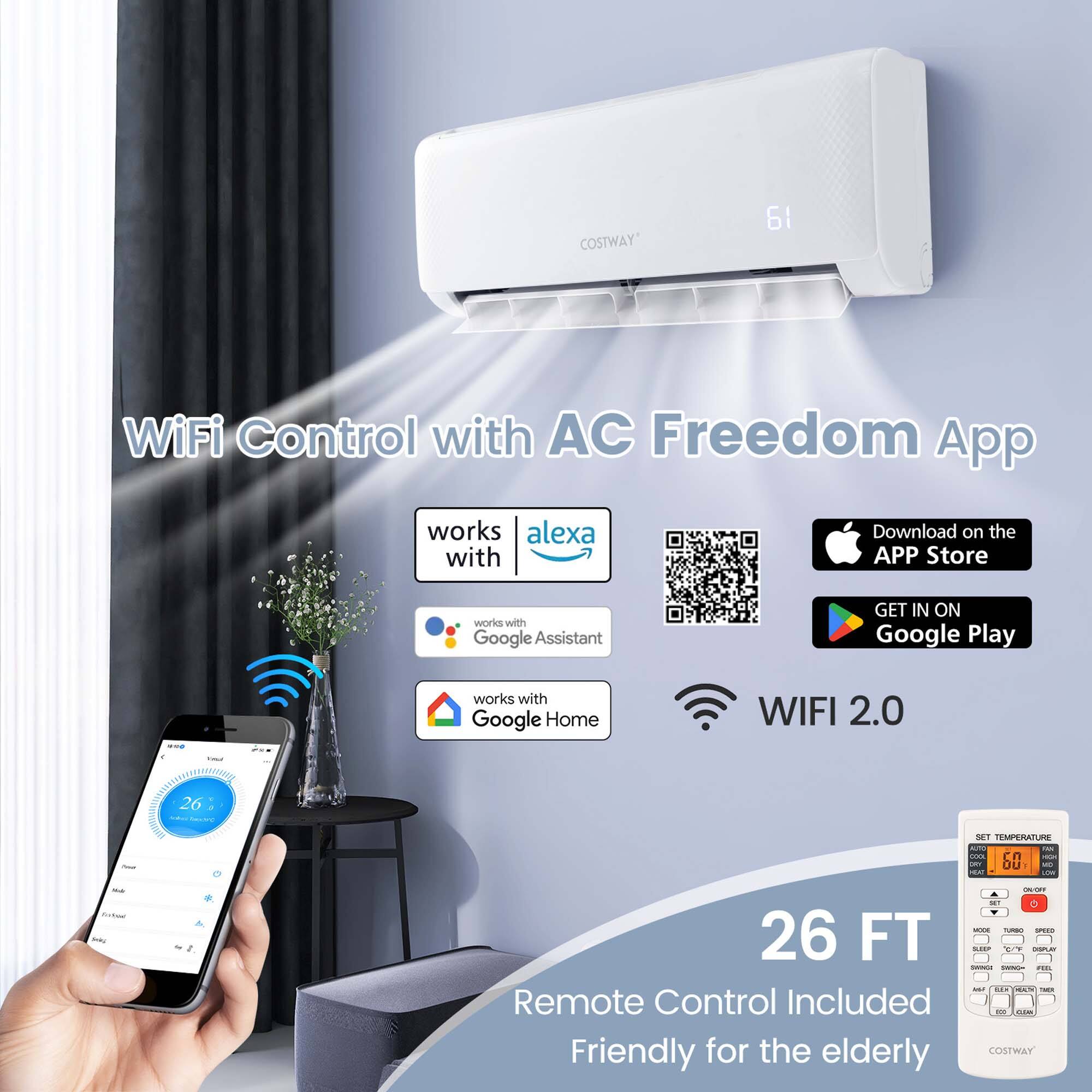 The text on the image is grouped and corrected as follows:
"COSTWAY 61 WiFi Control with AC Freedom App works with Alexa, Google Assistant, and Google Home. Download on the App Store or get it on Google Play. Works with Google Play and Google Home. WIFI 2.0 - 26 FT I/O - Remote Control Included - Com Friendly for the elderly."