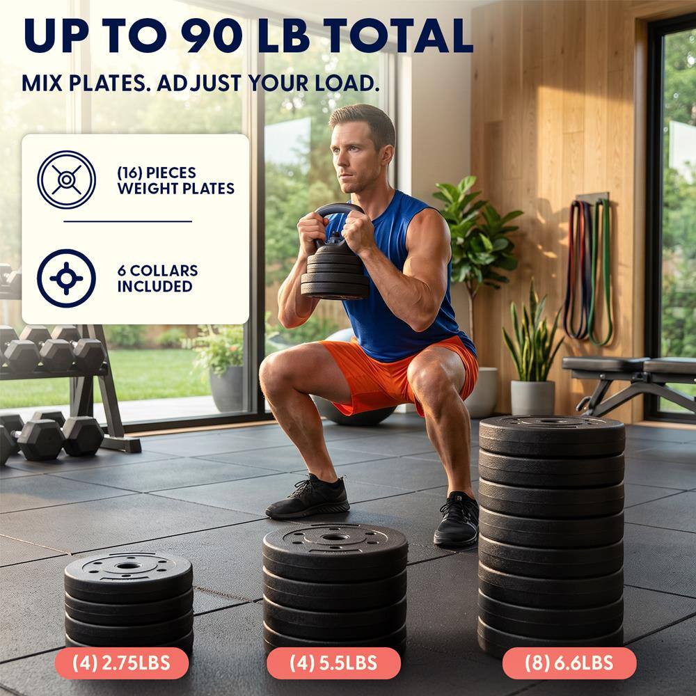 UP TO 90 LB TOTAL MIX PLATES. ADJUST YOUR LOAD.

(16) PIECES WEIGHT PLATES
6 COLLARS INCLUDED
(4) 2.75LBS
(4) 5.5LBS
(8) 6.6LBS