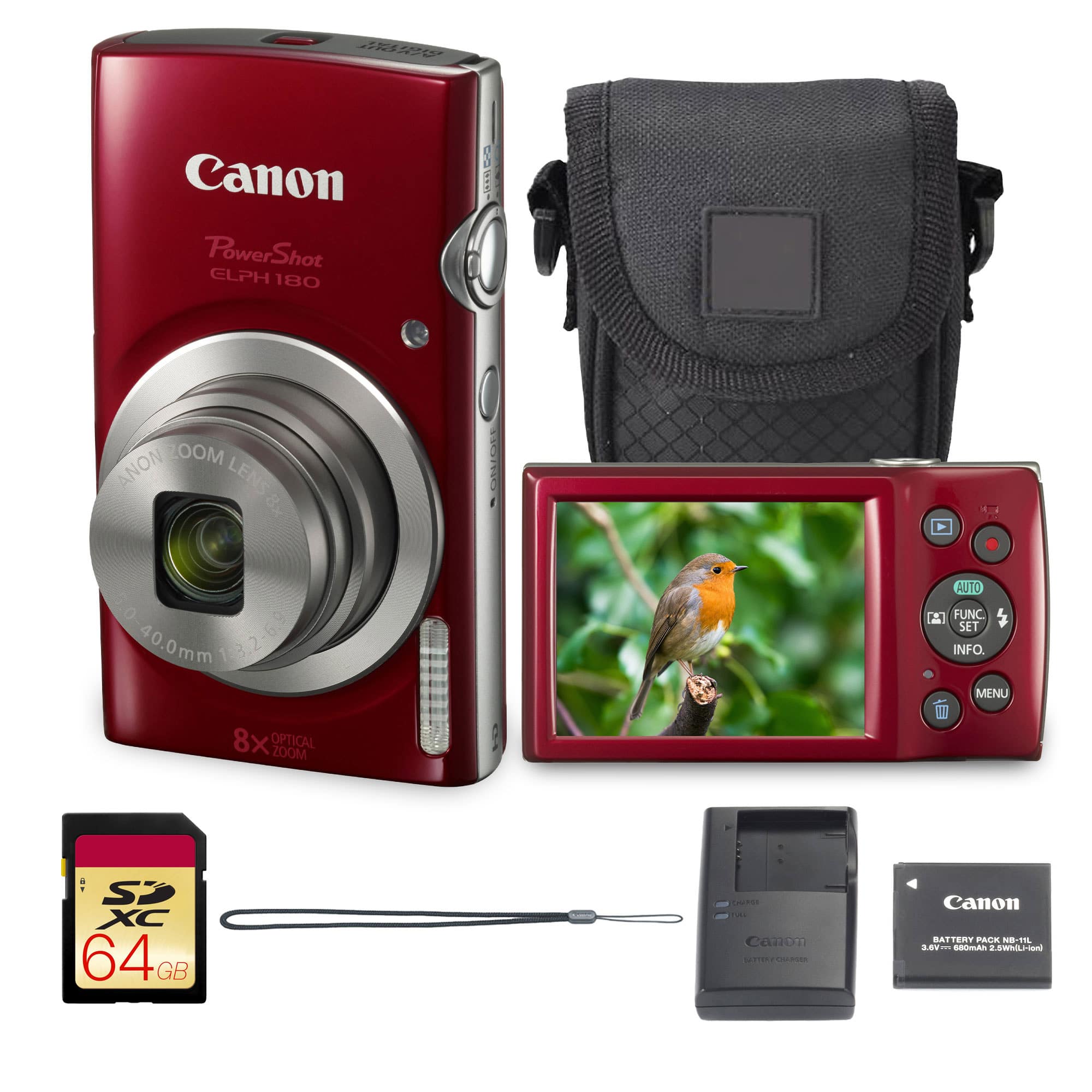 Canon - PowerShot ELPH 180 Digital Camera Red Compact Travel Bundle