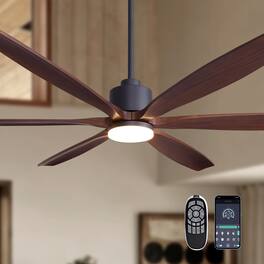 Siljoy - 72 inch Black and Walnut Modern Ceiling Fan Curved Solid Wood Blades LED Light Remote for Great Room Living Room Foyer - Brown