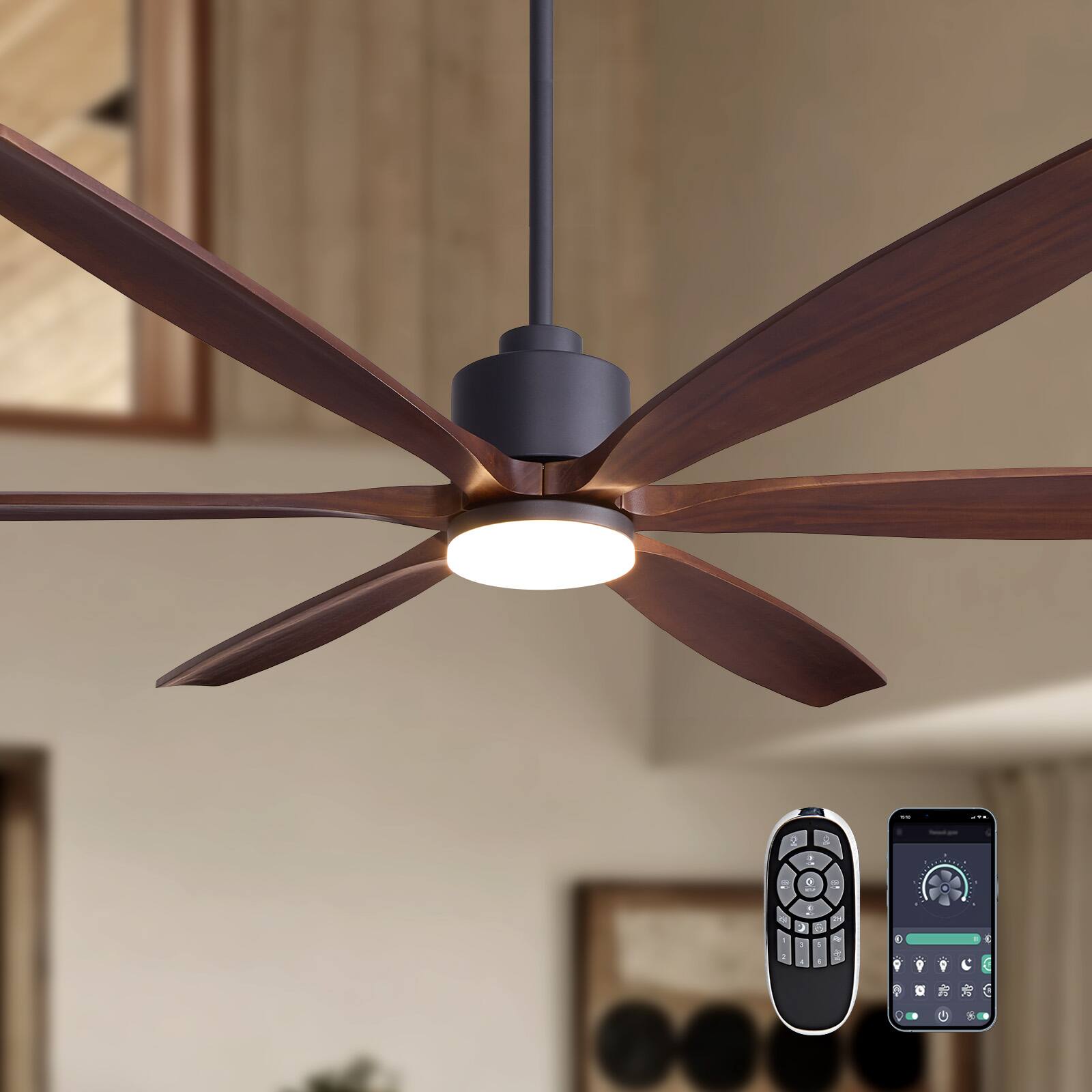 Front. Siljoy - 72 inch Black and Walnut Modern Ceiling Fan Curved Solid Wood Blades LED Light Remote for Great Room Living Room Foyer - BROWN.