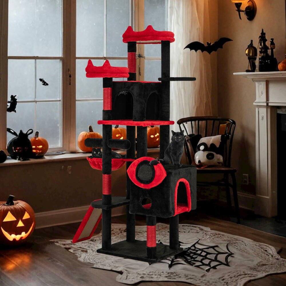 Back. Kadyn - Large Gothic Cat Tree with Enclosed Condos and Plush Perches, Black & Red - Black.