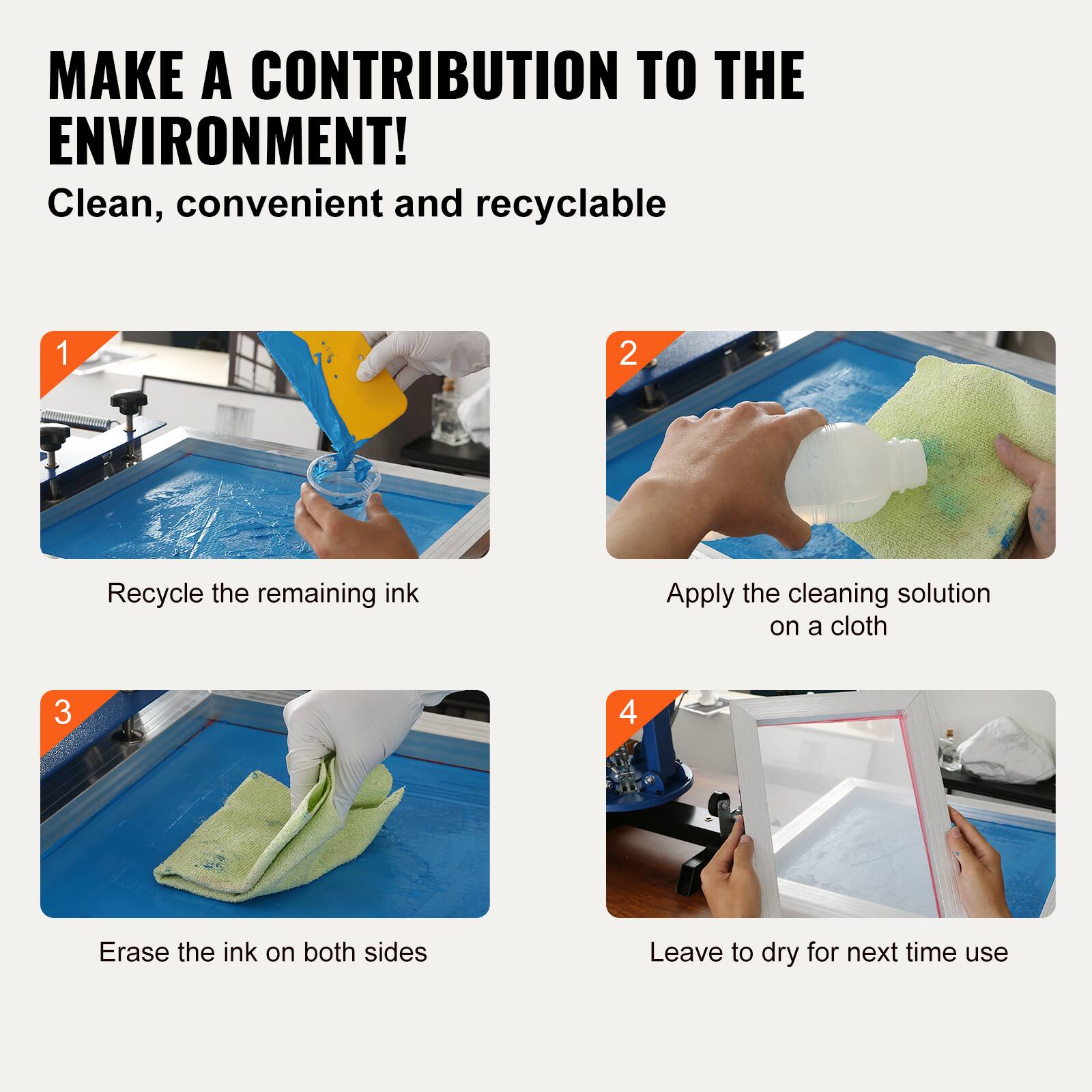 MAKE A CONTRIBUTION TO THE ENVIRONMENT!  
Clean, convenient and recyclable  

1. Recycle the remaining ink  
2. Apply the cleaning solution on a cloth  
3. Erase the ink on both sides  
4. Leave to dry for next time use