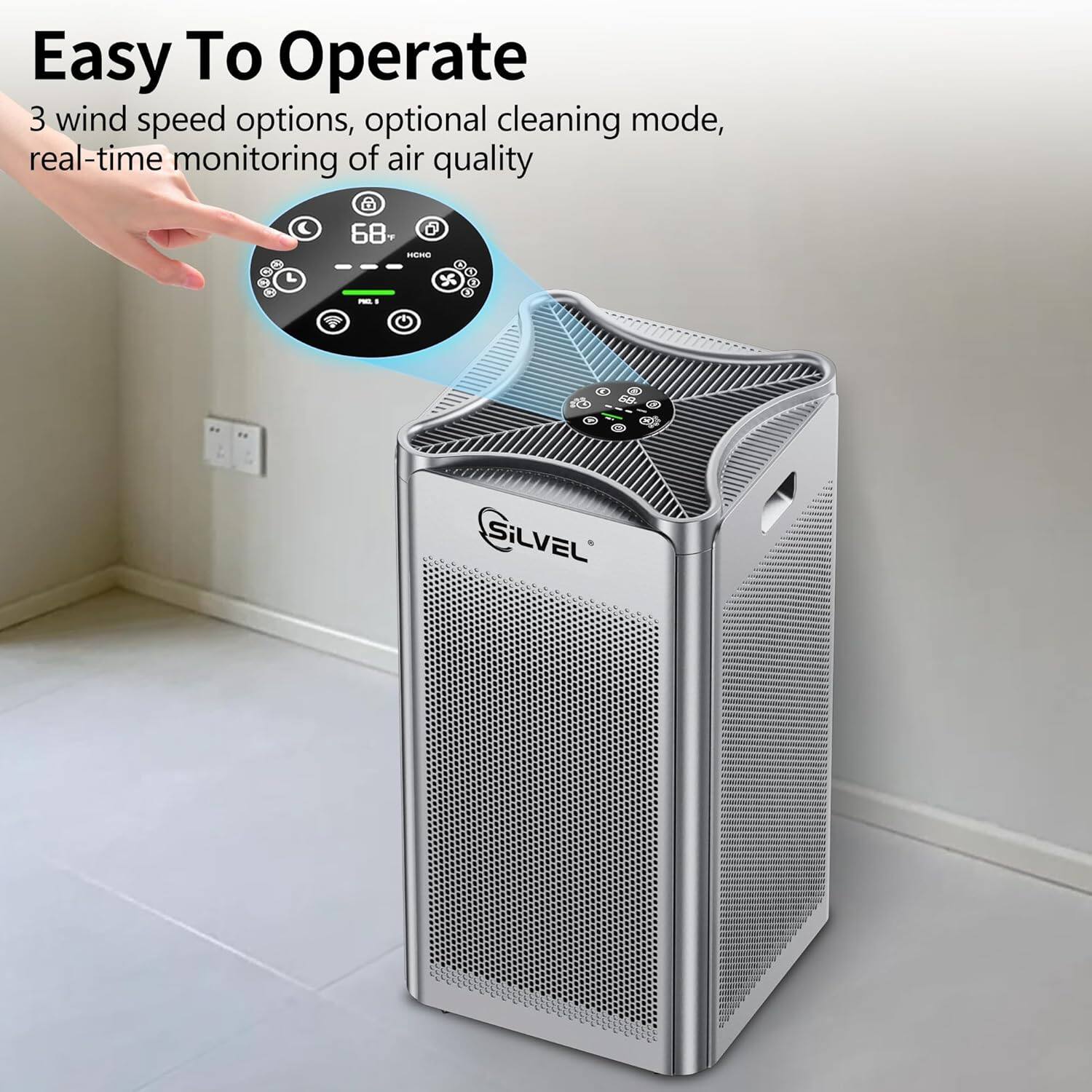 Easy To Operate  
3 wind speed options, optional cleaning mode, real-time monitoring of air quality