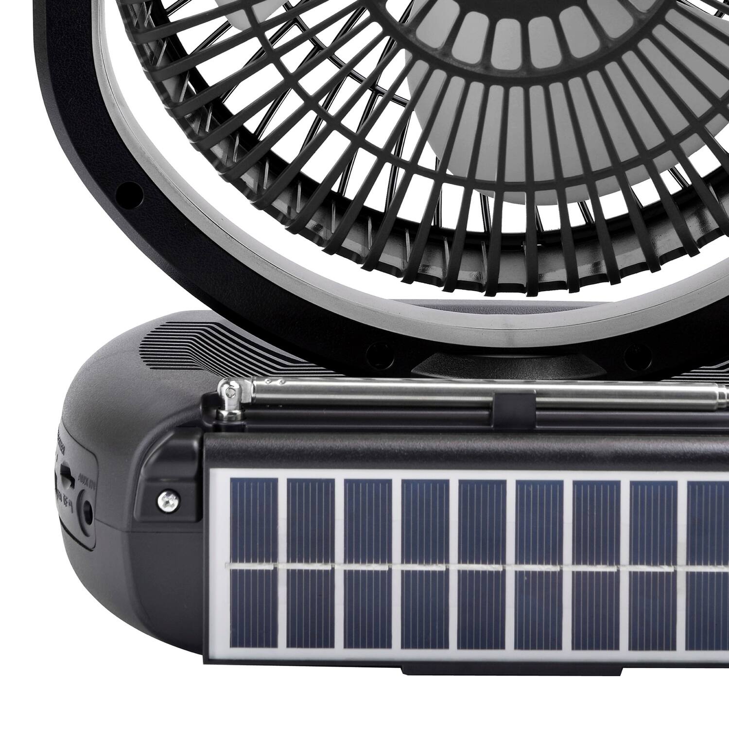 Alt View 2. Airbro - RXF-50 Rechargeable 4-Band Radio, Bluetooth Speaker, 3-Speed Oscillating Fan, LED Light, Solar Charging - Black.