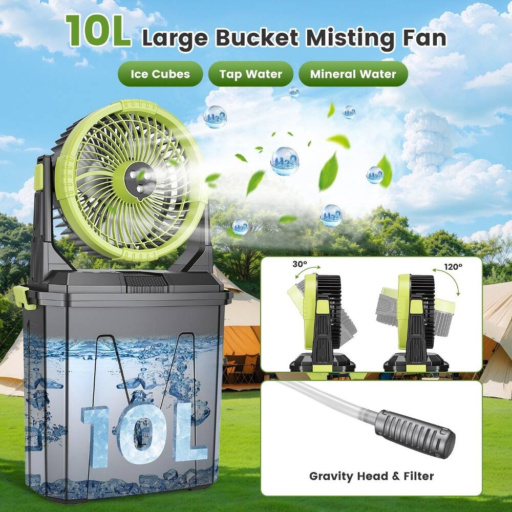 10L Large Bucket Misting Fan  
Ice Cubes Tap Water Mineral Water  
30° 120°  
Gravity Head & Filter