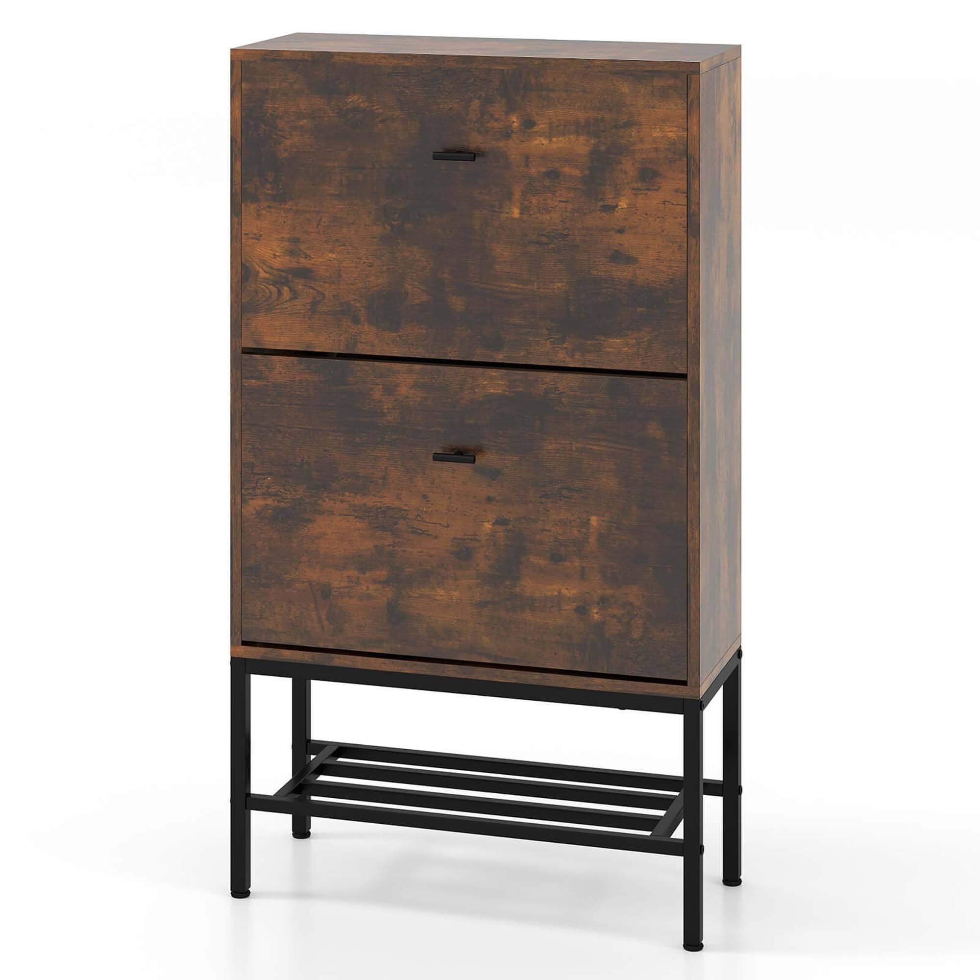 Alt View 18. Costway - Industrial Shoe Storage Cabinet with 2 Flip Drawers 1 Bottom Metal Shelf Organizer - Rustic Brown.