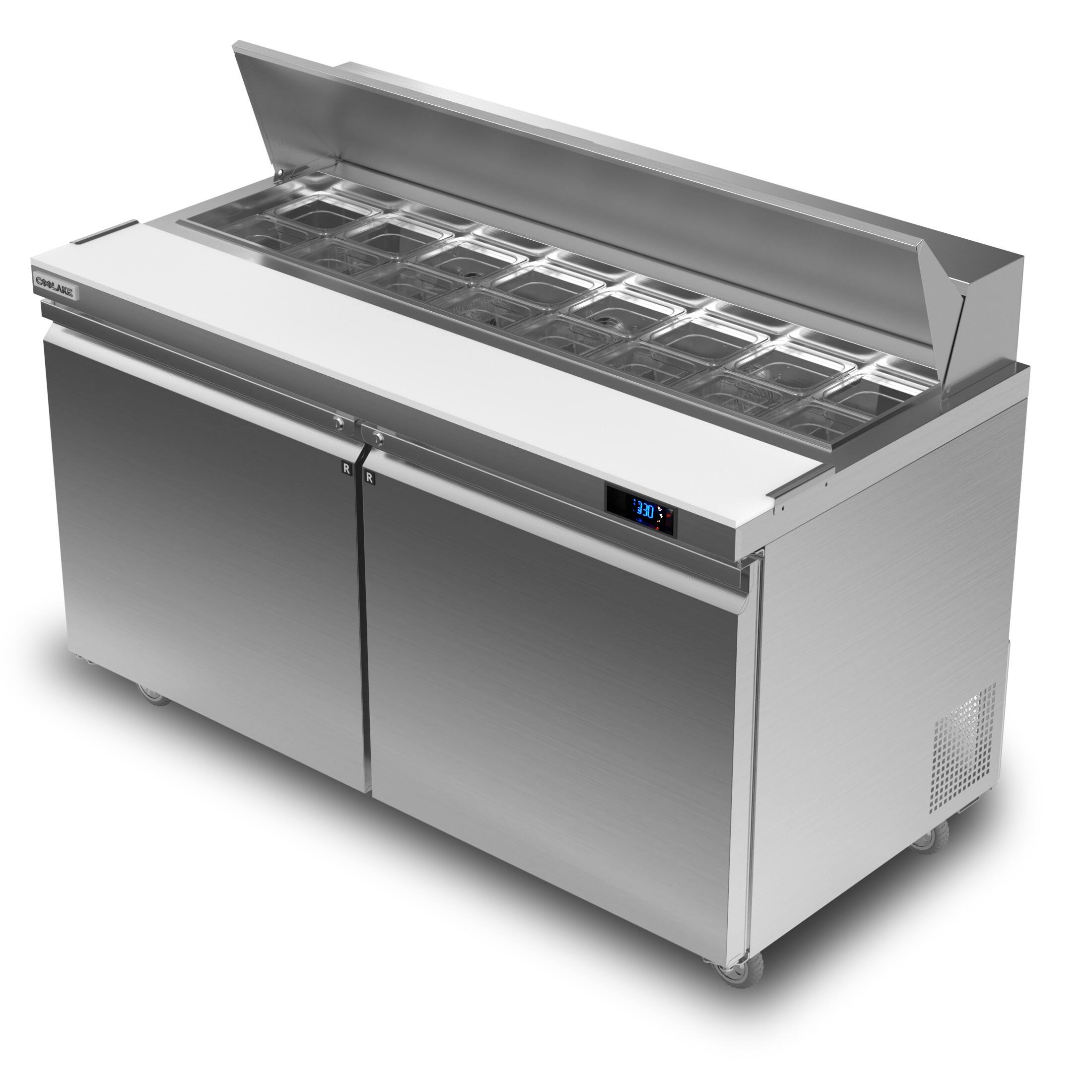 Left. Coolake - Coolake 60'' W Commercial Refrigerator Sandwich Salad Prep Table, 2 Door Sandwich Fridge with 16 GN 1/6 Pans - Silver.