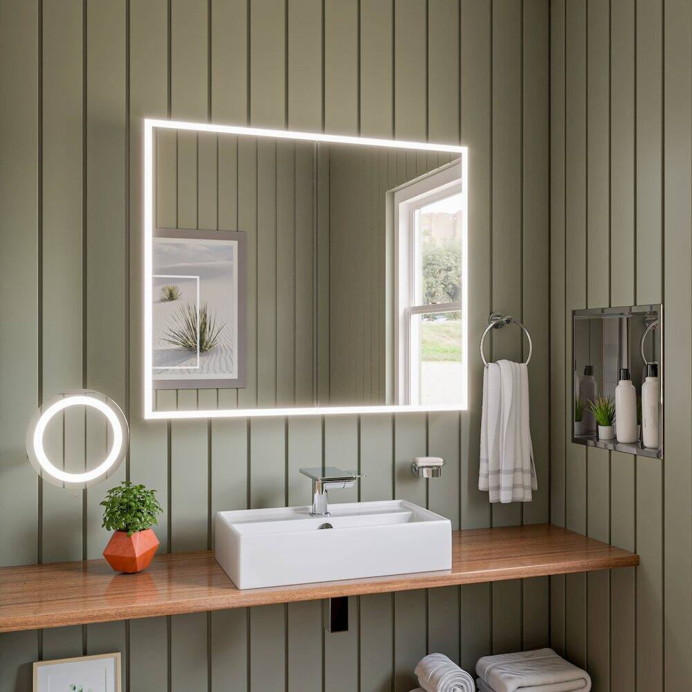 Left. Alfi - Polished Chrome Wall Mount Round 9" 5x Magnifying Cosmetic Mirror with Light - Silver.
