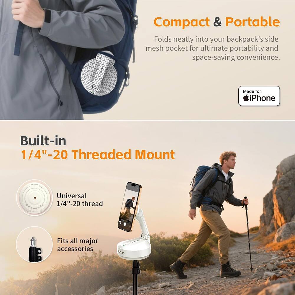 Compact & Portable  
Folds neatly into your backpack's side mesh pocket for ultimate portability and space-saving convenience.  
Made for iPhone  

Built-in 1/4"-20 Threaded Mount  
Universal 1/4"-20 thread  
Fits all major accessories
