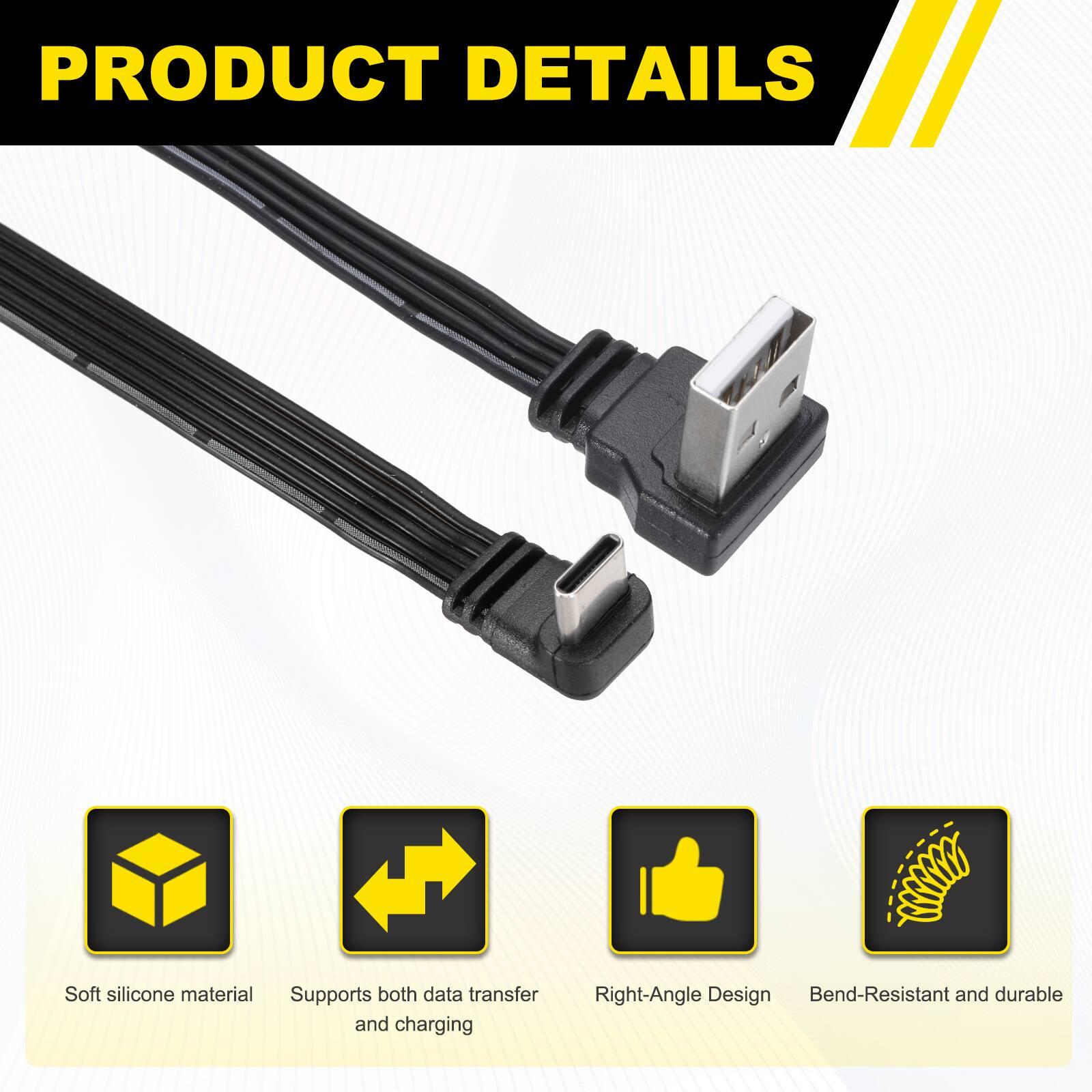 PRODUCT DETAILS

- Soft silicone material
- Supports both data transfer and charging
- Right-Angle Design
- Bend-Resistant and durable