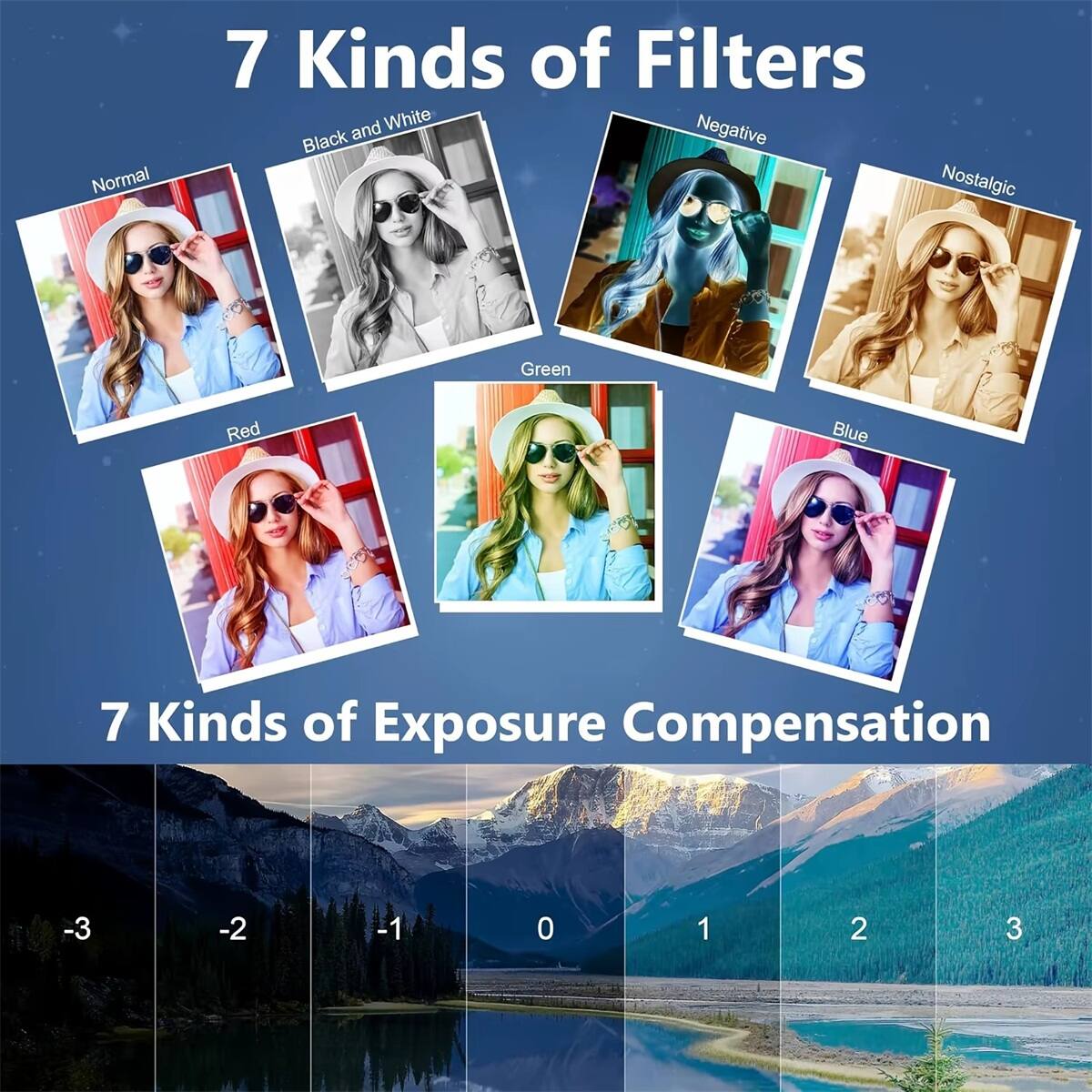 7 Kinds of Filters
- Normal
- Black and White
- Negative
- Nostalgic
- Green
- Red
- Blue

7 Kinds of Exposure Compensation
- -3
- -2
- -1
- 0
- 1
- 2
- 3