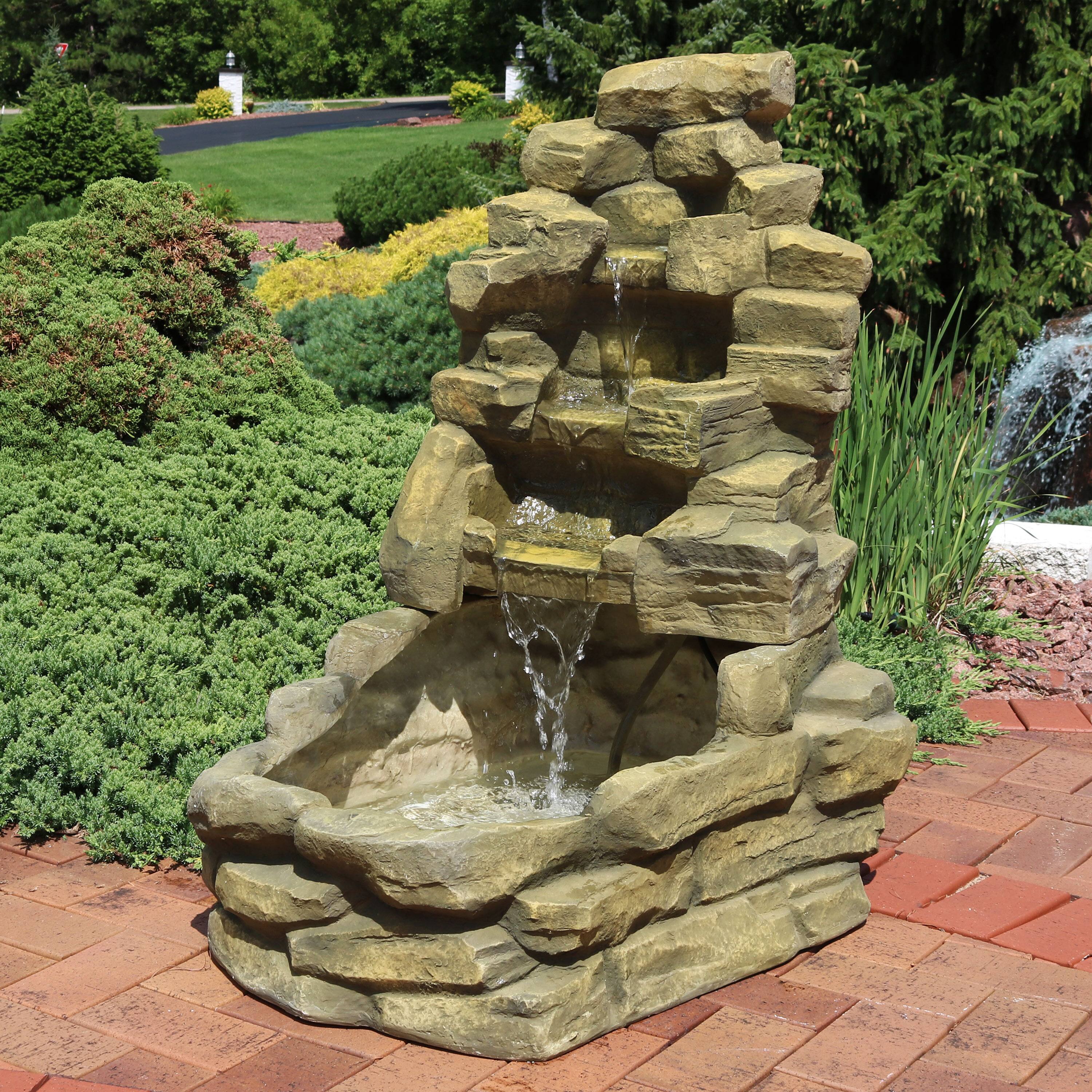 Alt View 3. Sunnydaze - Fiberglass Electric Outdoor Stone Waterfall Fountain - 37 in - Light Brown.