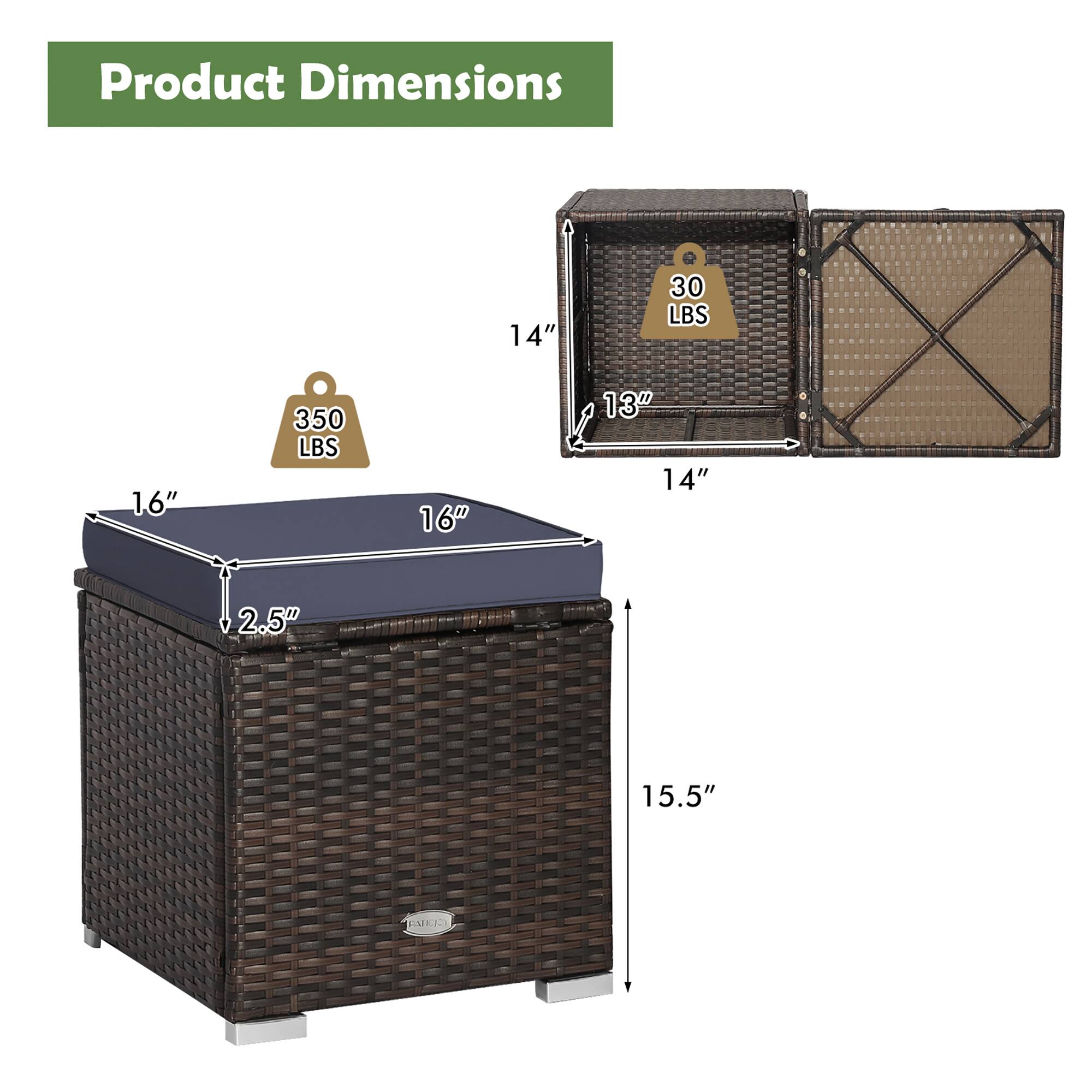 Product Dimensions  
14" x 13" x 14" x 2.5" x 15.5"  
1.6"  
30 LBS  
350 LBS
