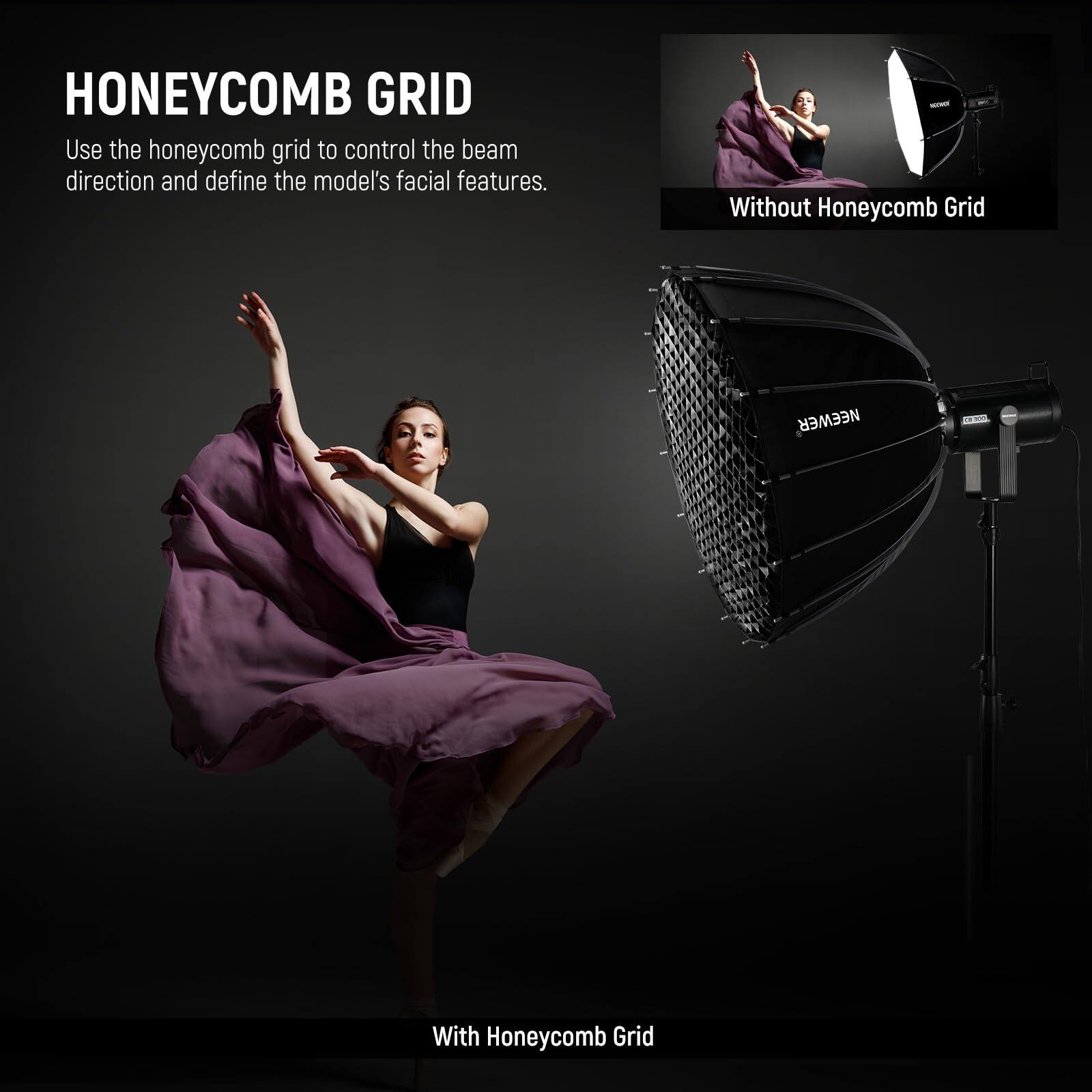 HONEYCOMB GRID

Use the honeycomb grid to control the beam direction and define the model's facial features.

Without Honeycomb Grid

With Honeycomb Grid