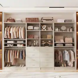 Aheaplus - 114.6'' Wide Closet Organizer with 8 Drawers and 4 Hanging Rods, 4-Piece Set - Beige Oak