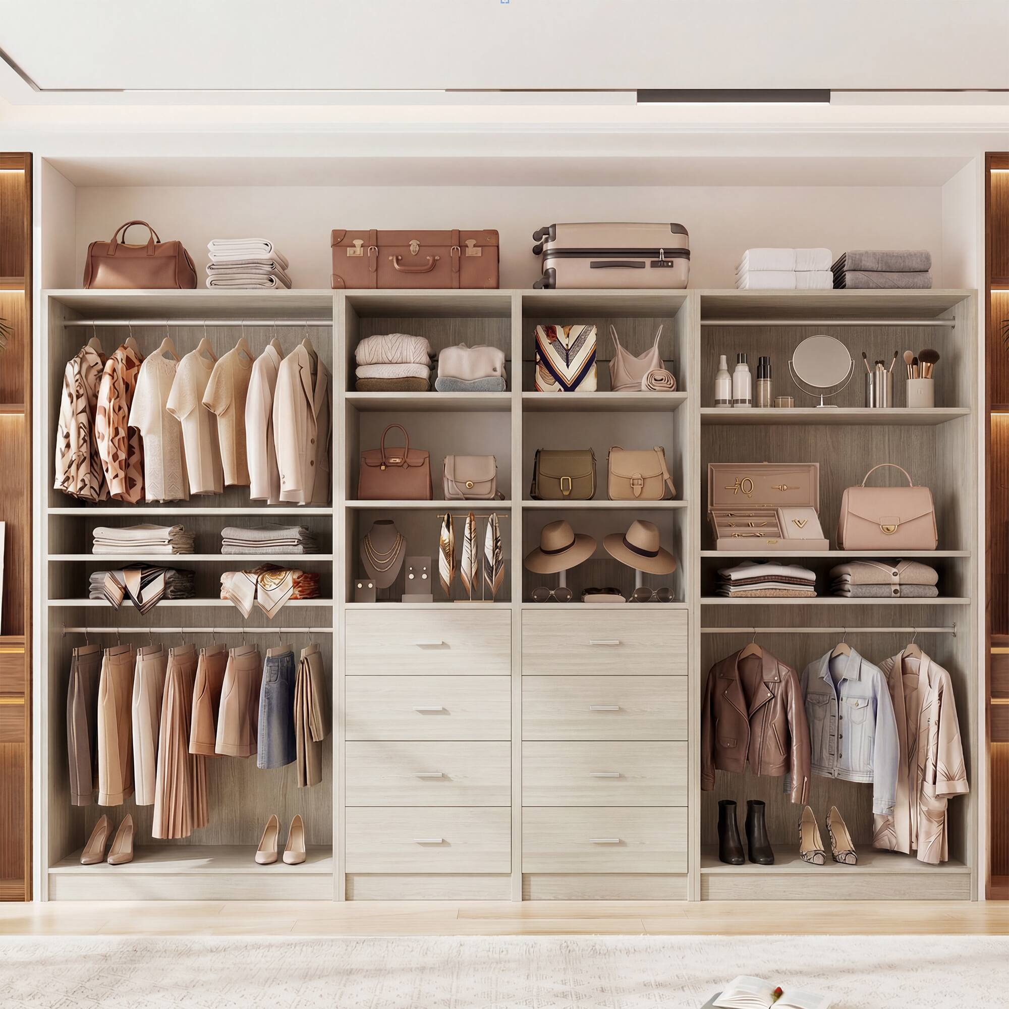 Front. Aheaplus - 114.6'' Wide Closet Organizer with 8 Drawers and 4 Hanging Rods, 4-Piece Set - Beige Oak.