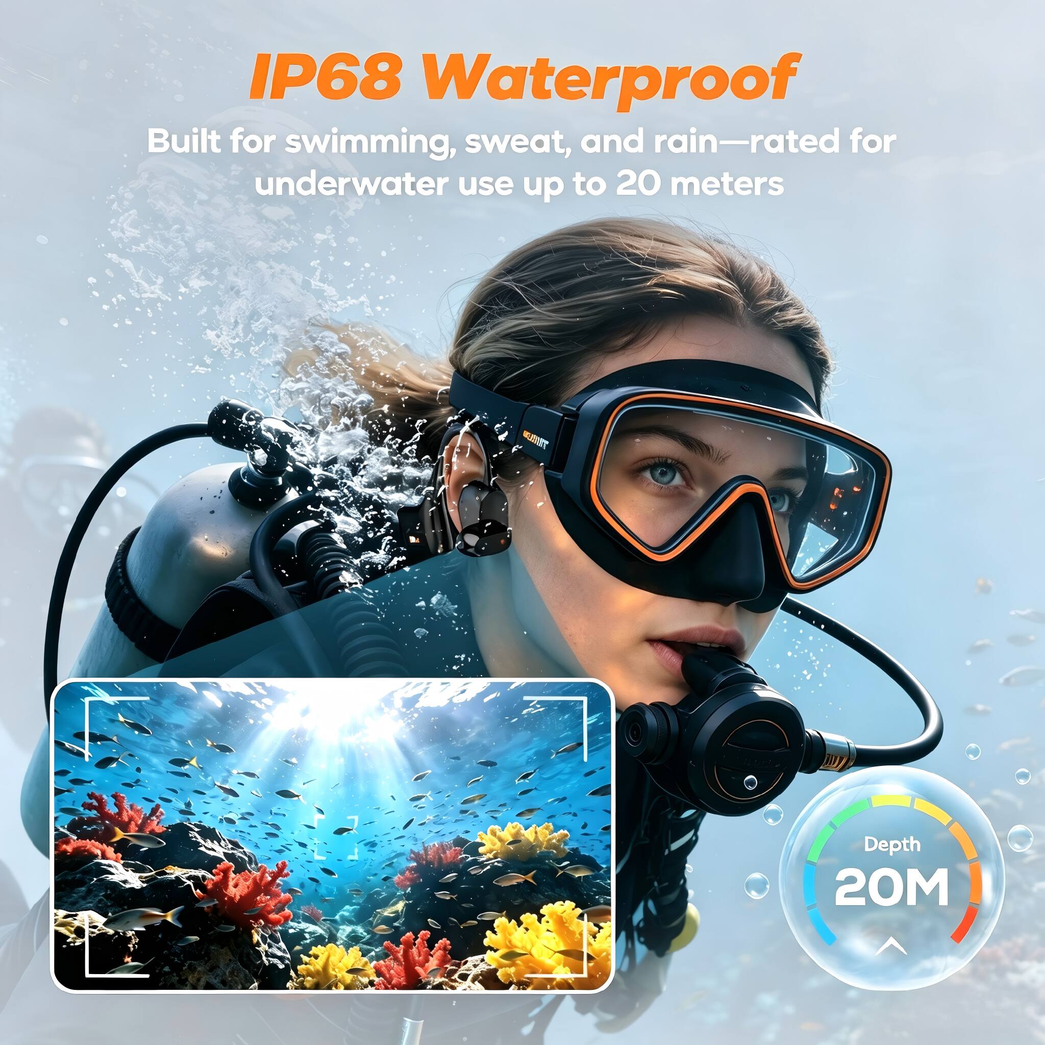 IP68 Waterproof  
Built for swimming, sweat, and rain—rated for underwater use up to 20 meters  
Depth 20M